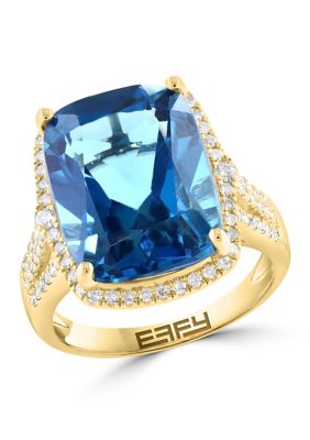 Effy 3/8 ct. t.w. Diamond and London Blue Topaz Cushion Ring in 14K Yellow Gold, 7