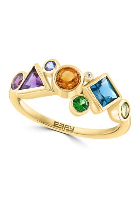 Effy 1/10 ct. t.w. Diamond, 1.2 ct. t.w. Amethyst, London Blue Topaz, Citrine, Rhodolite, Peridot, Tanzanite Ring in 14K Yellow Gold, 7 -  0617892851773