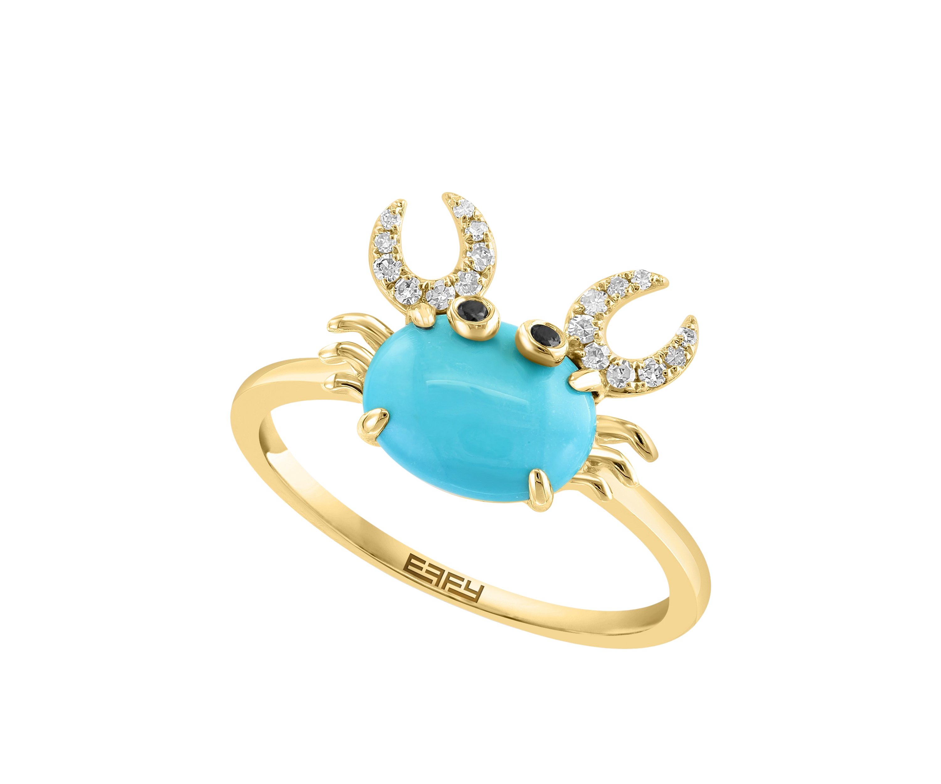 Diamond, Black Diamond, Turquoise Crab Ring in 14K Yellow Gold