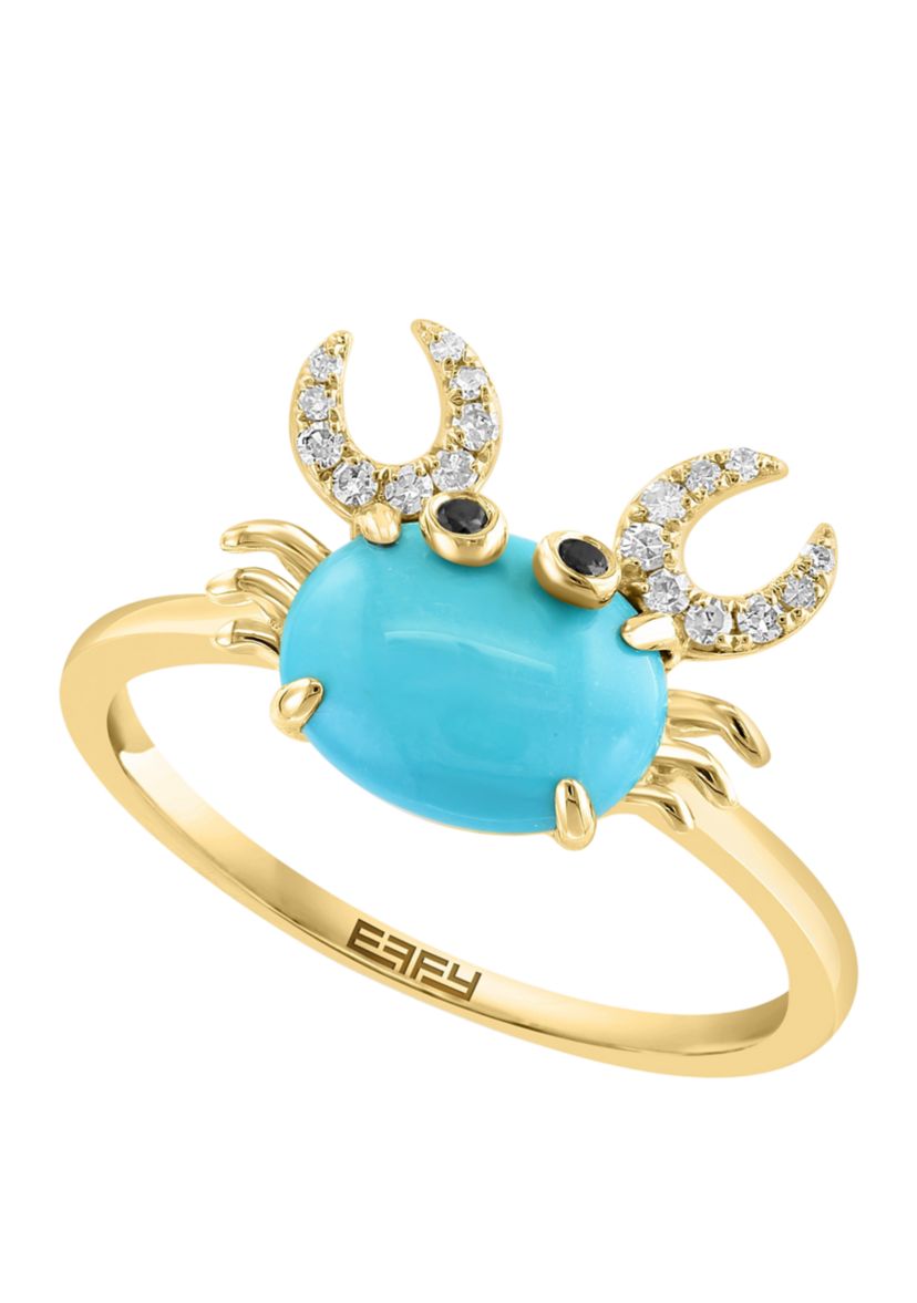 Diamond, Black Diamond, Turquoise Crab Ring in 14K Yellow Gold
