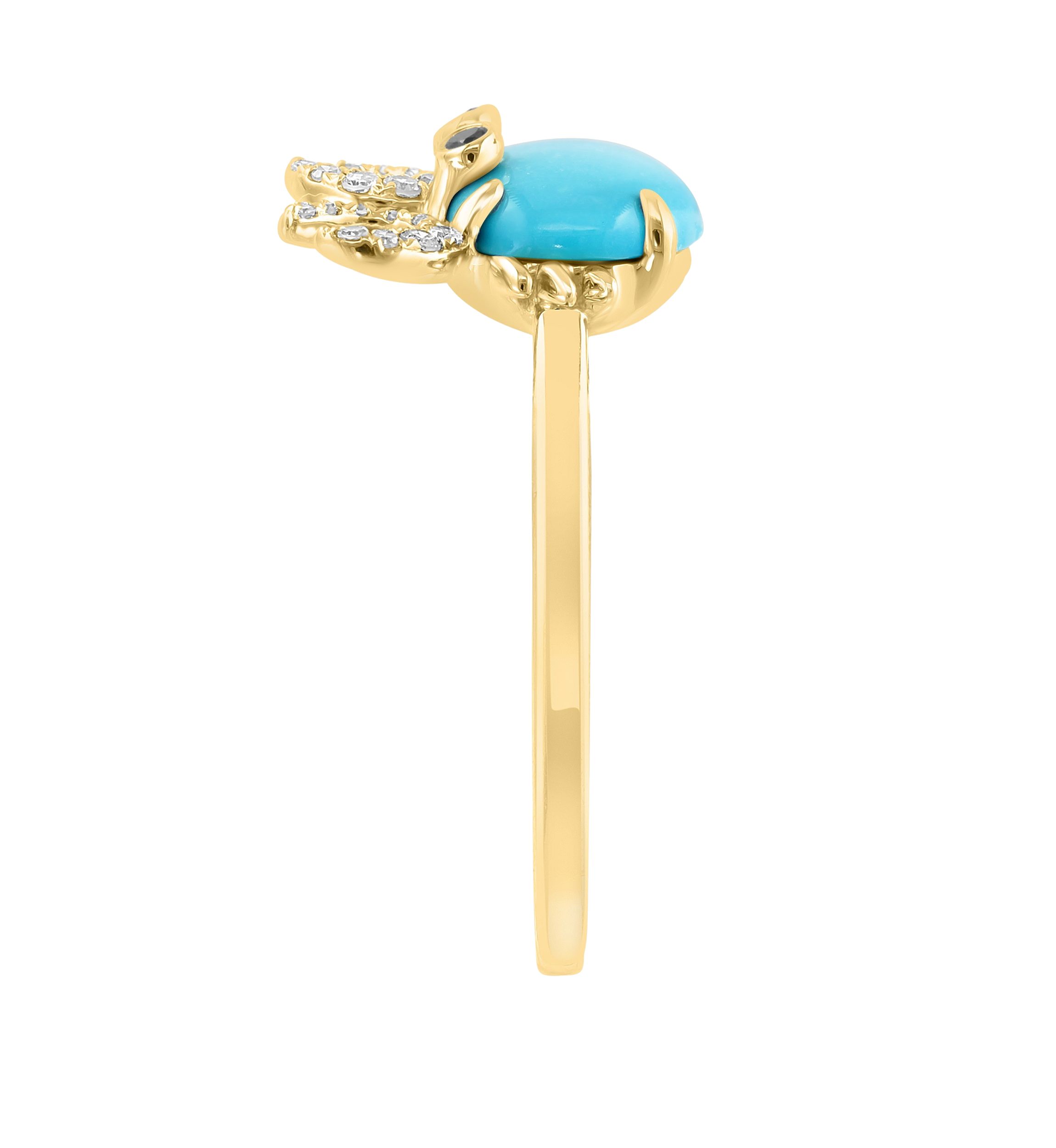 Diamond, Black Diamond, Turquoise Crab Ring in 14K Yellow Gold