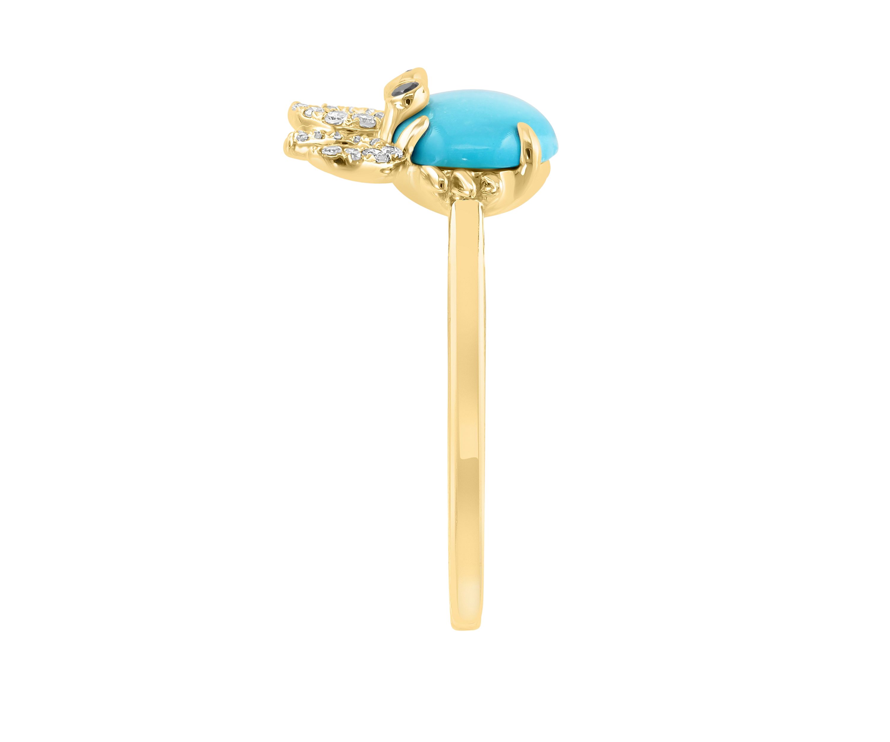 Diamond, Black Diamond, Turquoise Crab Ring in 14K Yellow Gold