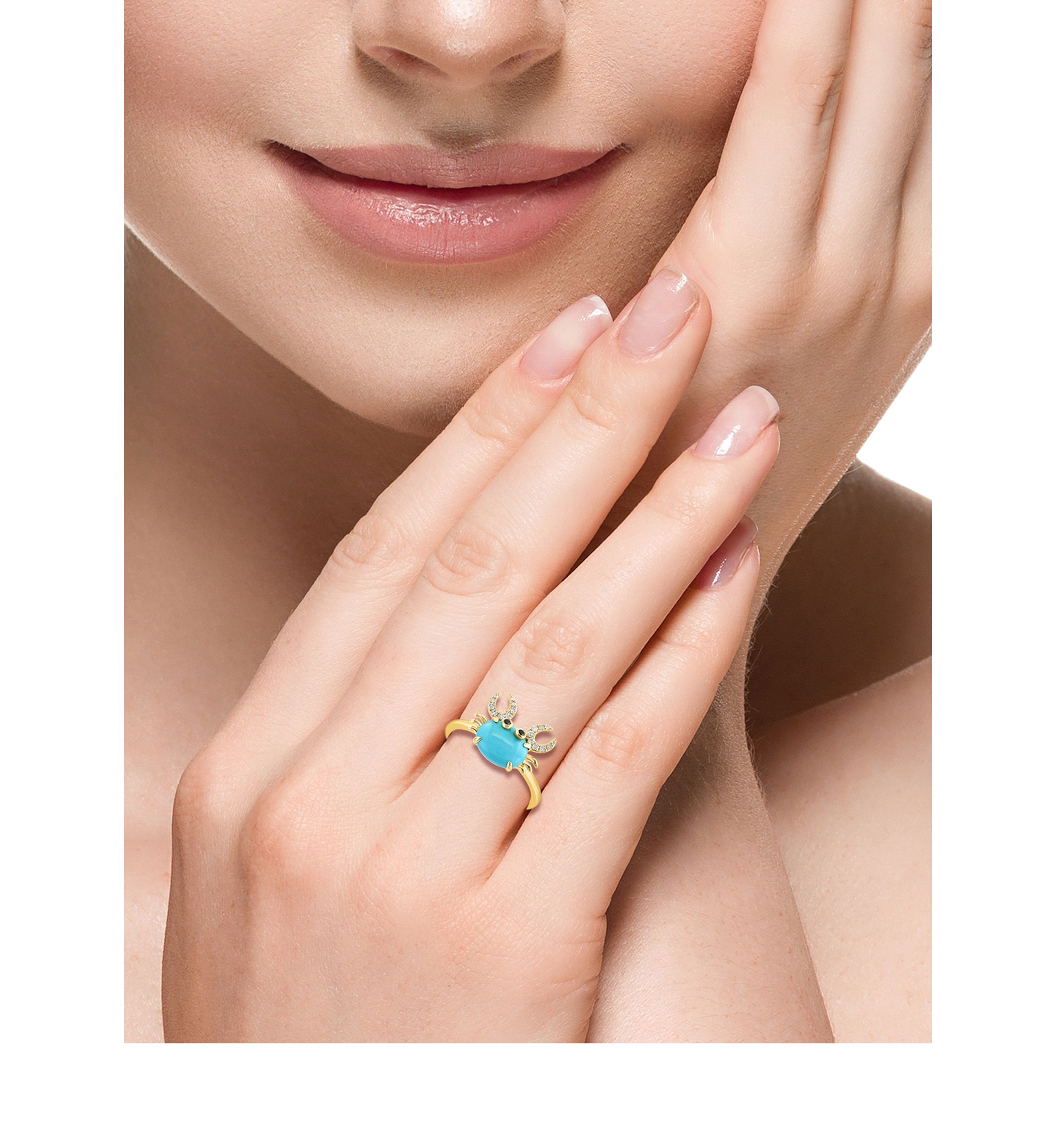 Diamond, Black Diamond, Turquoise Crab Ring in 14K Yellow Gold
