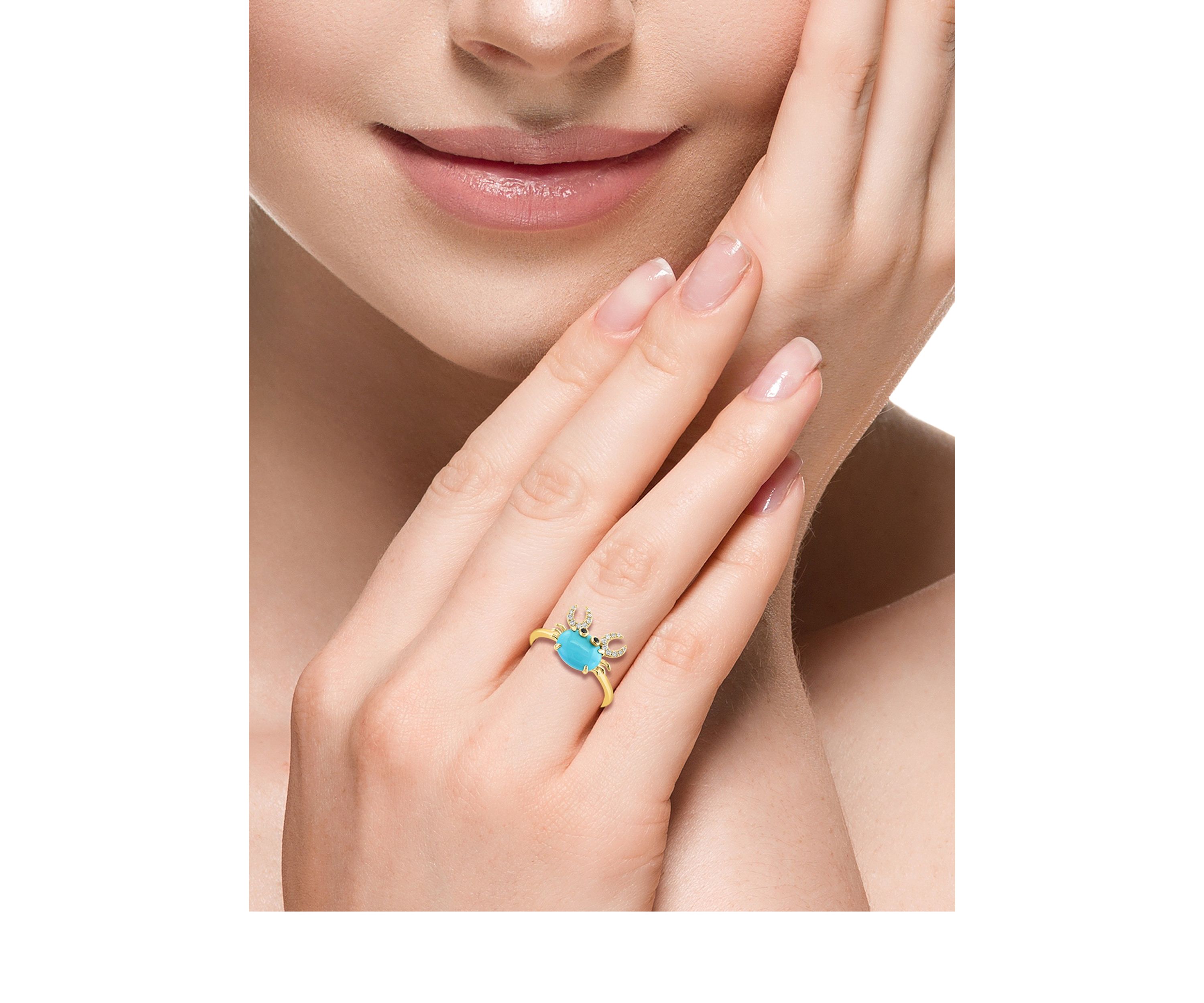 Diamond, Black Diamond, Turquoise Crab Ring in 14K Yellow Gold