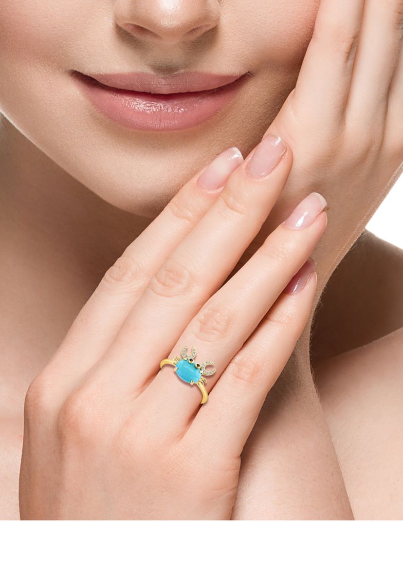 Diamond, Black Diamond, Turquoise Crab Ring in 14K Yellow Gold