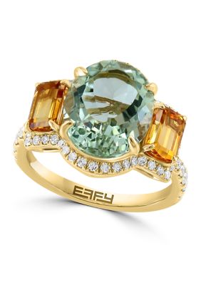 Effy 3/8 Ct. T.w. Diamond, Green Amethyst, Citrine Ring In 14K Yellow Gold