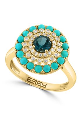 Effy 1/8 Ct. T.w. London Blue Topaz, 5/8 Ct. T.w. Turquoise, 1 Ct. T.w. Diamond Ring In 14K Yellow Gold