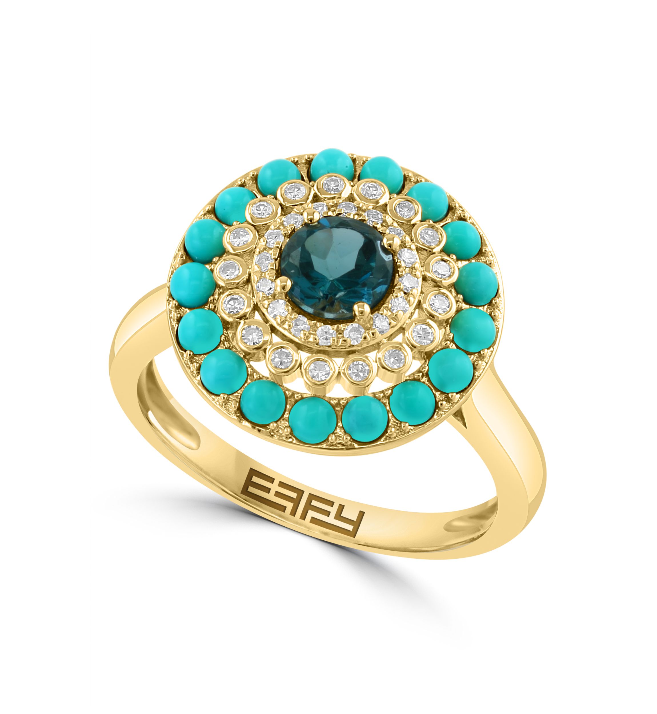 1/8 ct. t.w. London Blue Topaz, 5/8 ct. t.w. Turquoise, 1 ct. t.w. Diamond Ring in 14K Yellow Gold