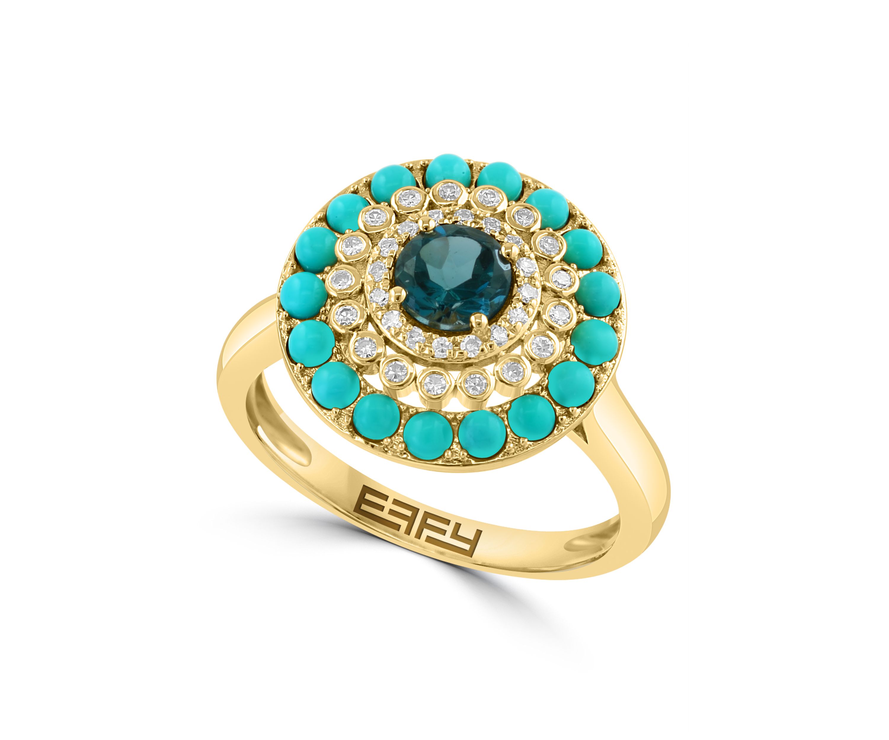 1/8 ct. t.w. London Blue Topaz, 5/8 ct. t.w. Turquoise, 1 ct. t.w. Diamond Ring in 14K Yellow Gold