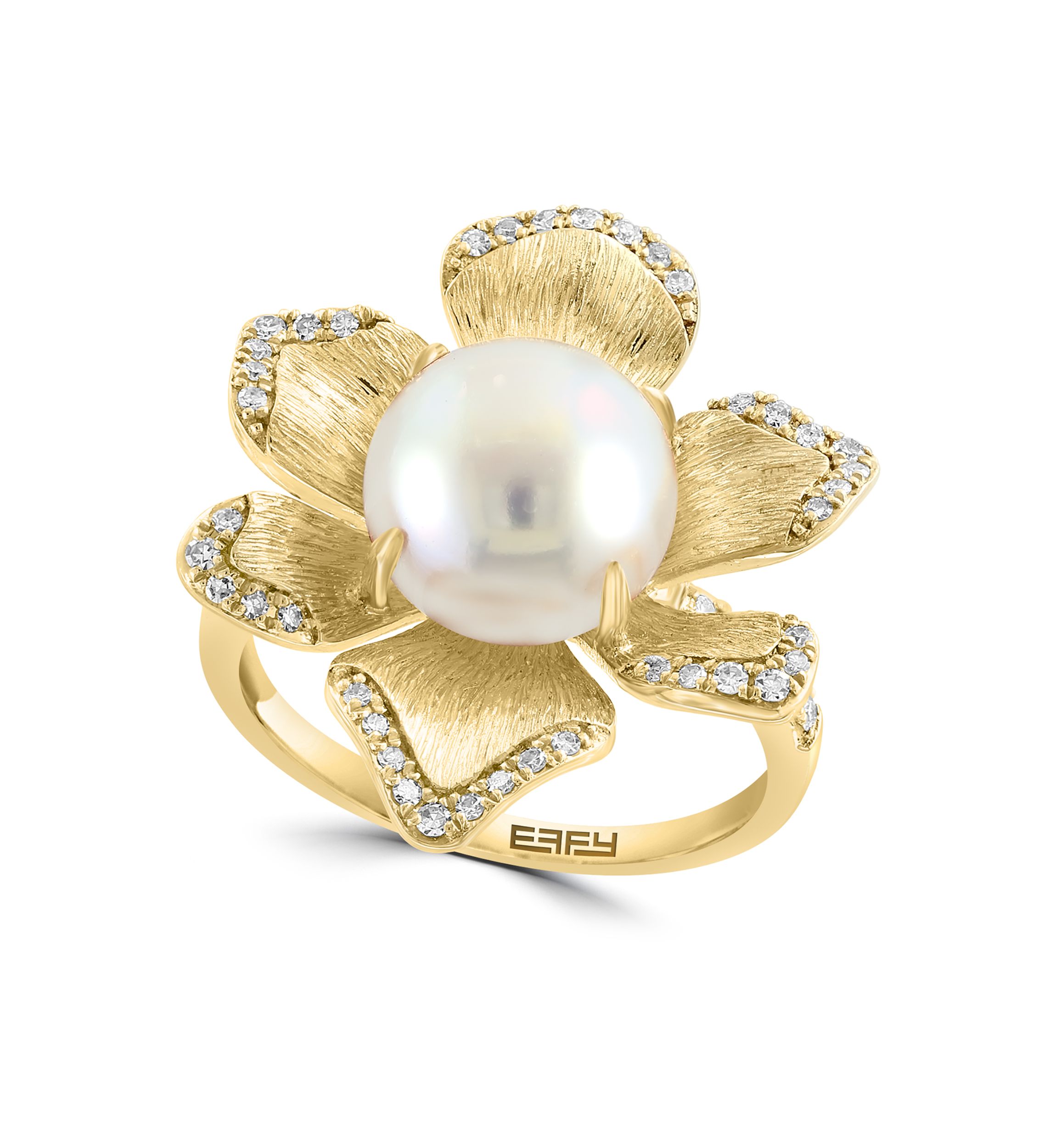 14K Yellow Gold Diamond Freshwater Pearl Flower Ring 