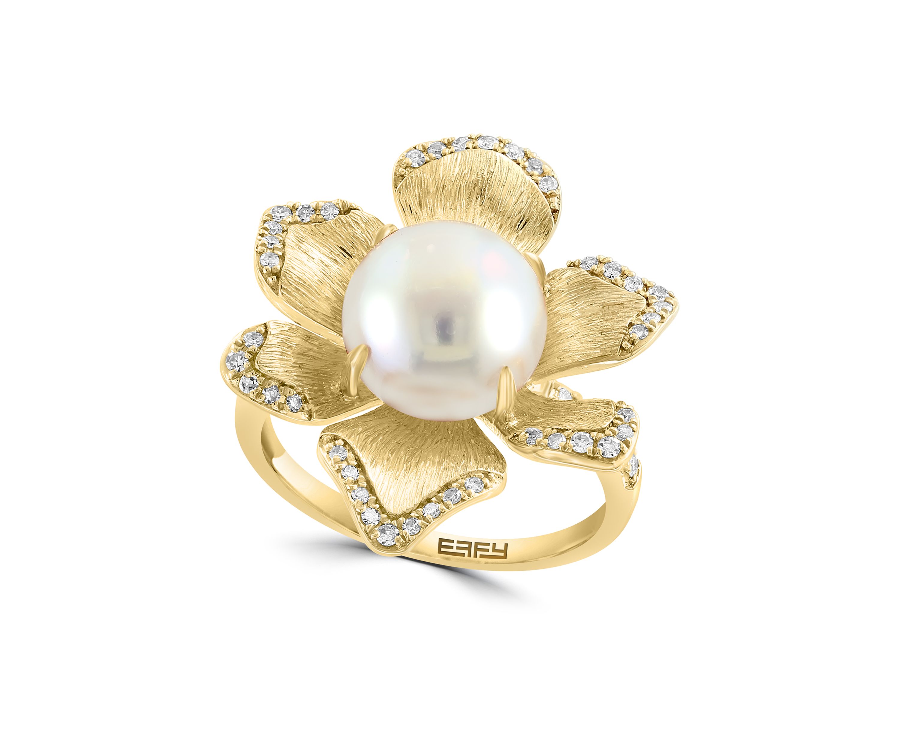 14K Yellow Gold Diamond Freshwater Pearl Flower Ring 