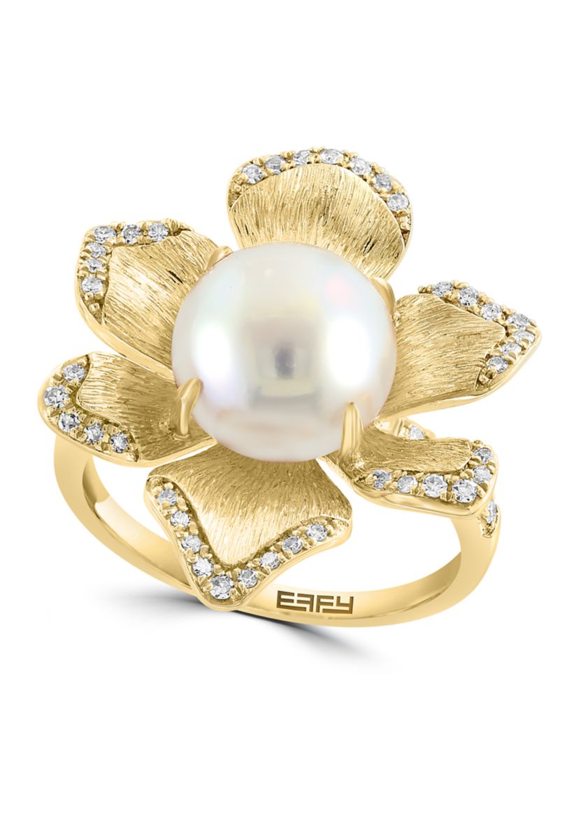 14K Yellow Gold Diamond Freshwater Pearl Flower Ring 