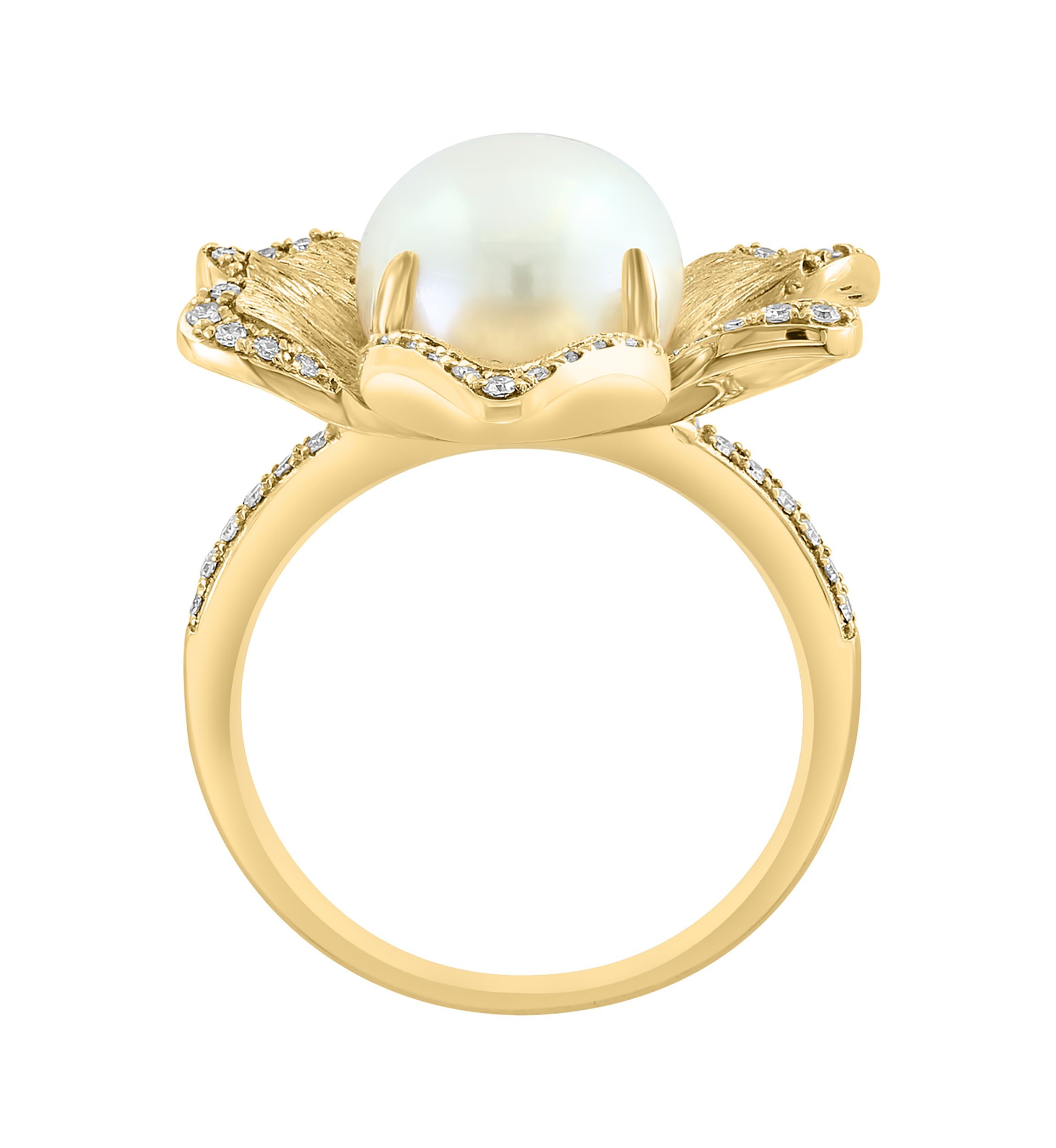 14K Yellow Gold Diamond Freshwater Pearl Flower Ring 