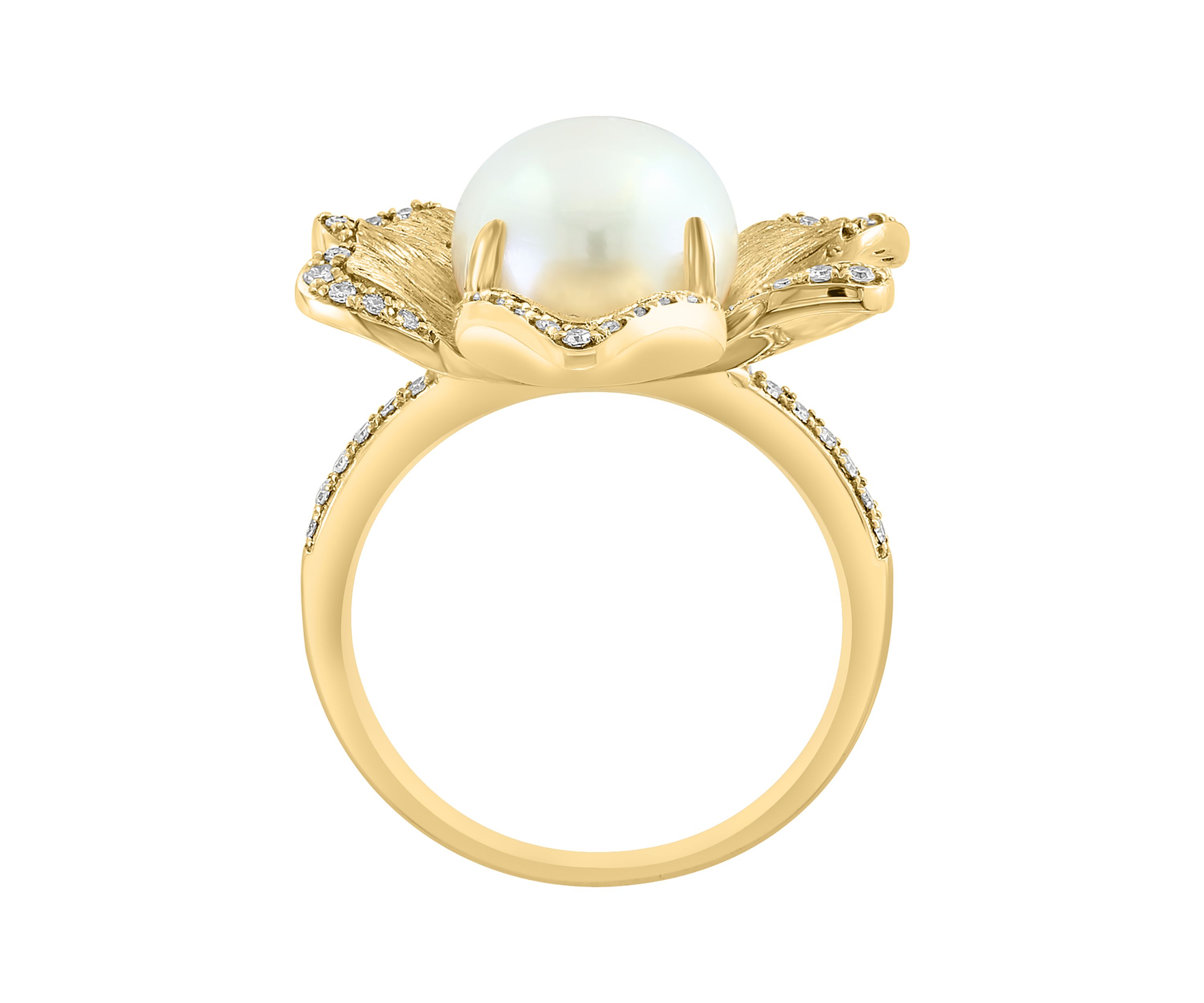 14K Yellow Gold Diamond Freshwater Pearl Flower Ring 