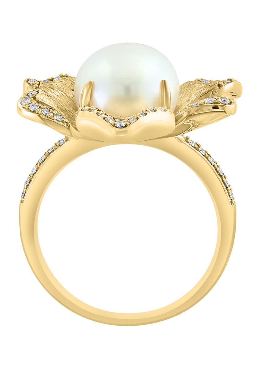 14K Yellow Gold Diamond Freshwater Pearl Flower Ring 