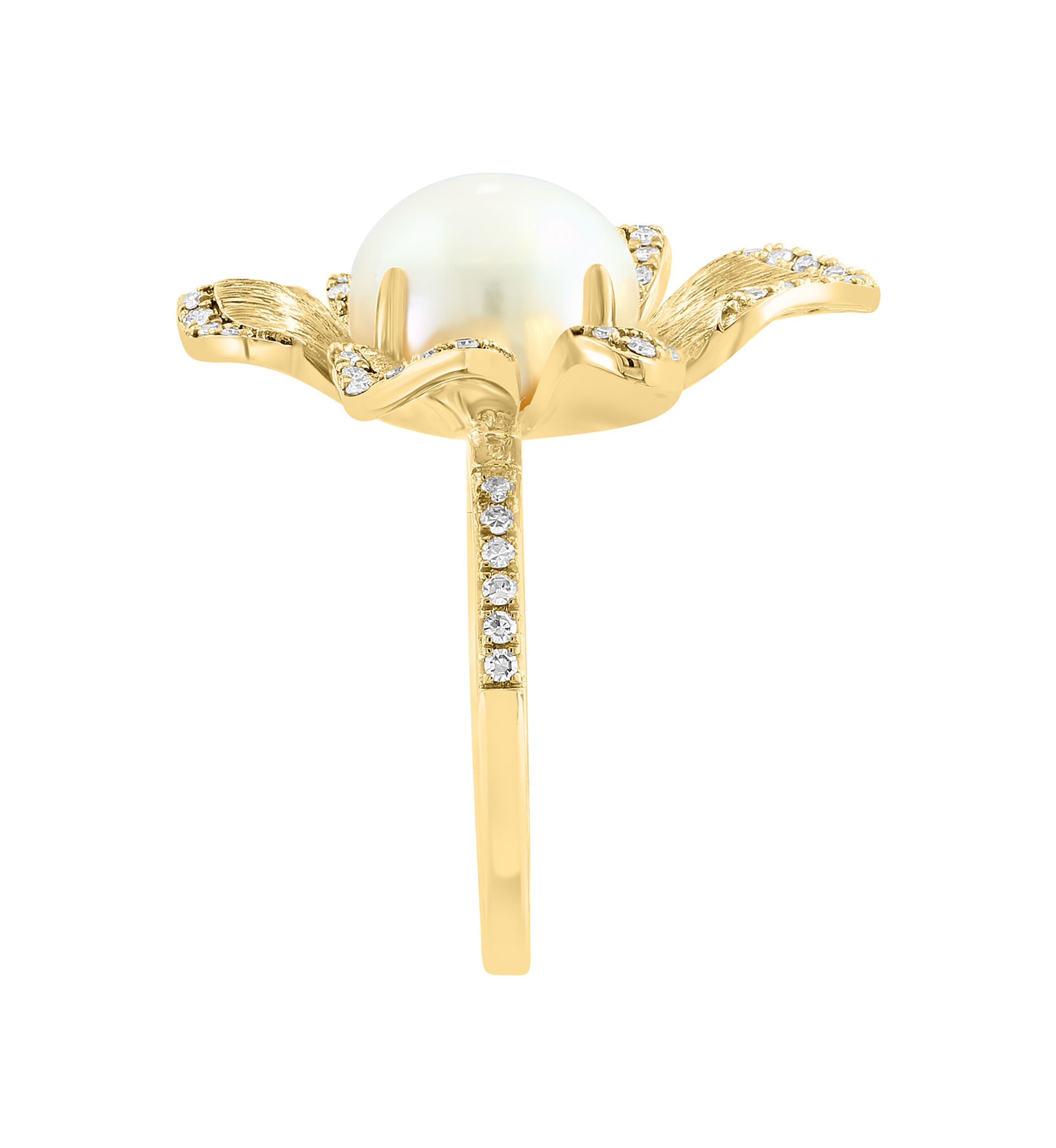 14K Yellow Gold Diamond Freshwater Pearl Flower Ring 