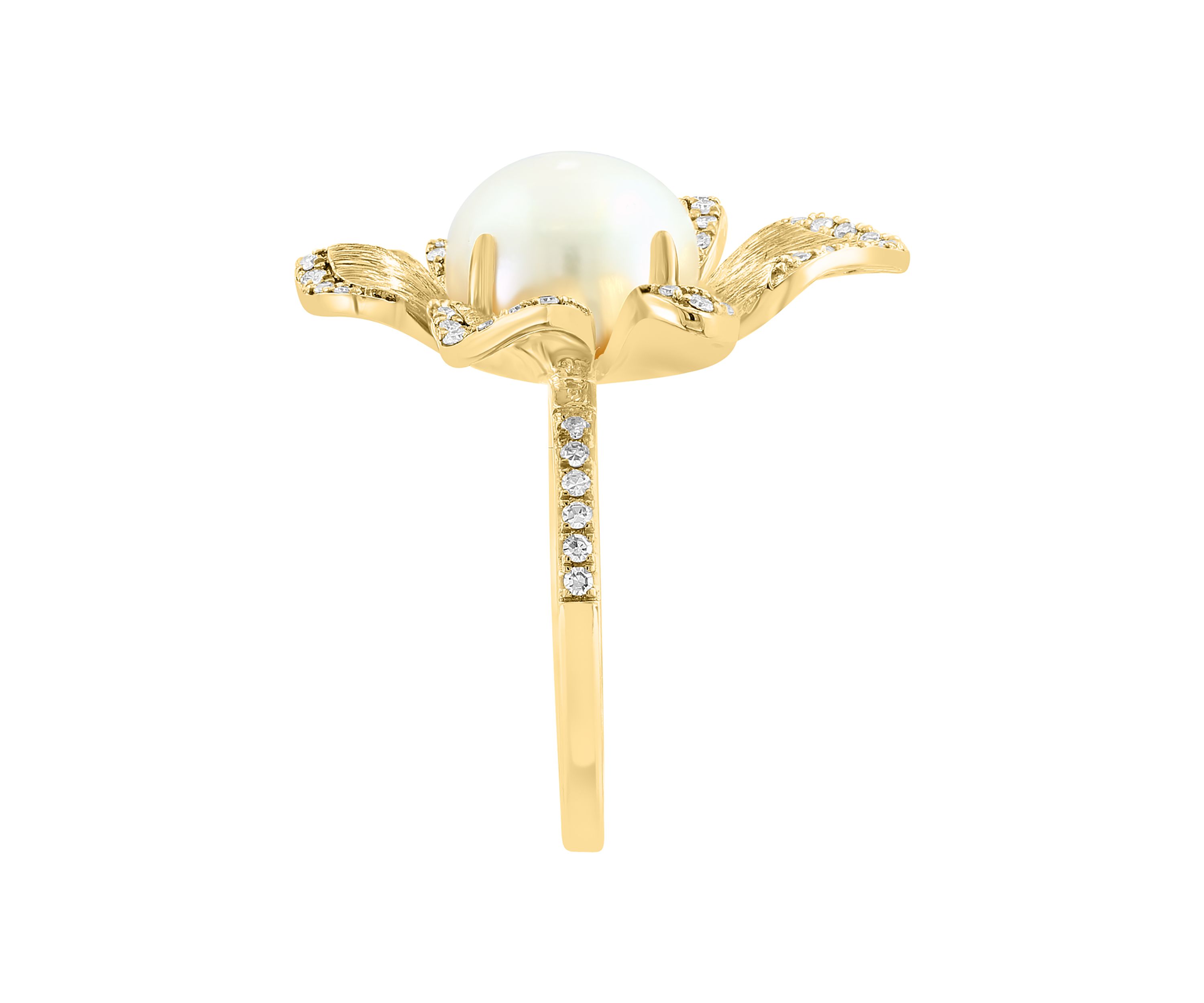 14K Yellow Gold Diamond Freshwater Pearl Flower Ring 