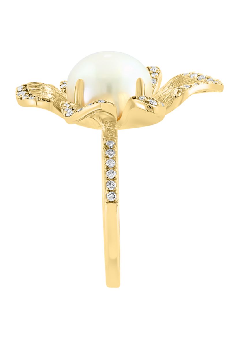 14K Yellow Gold Diamond Freshwater Pearl Flower Ring 