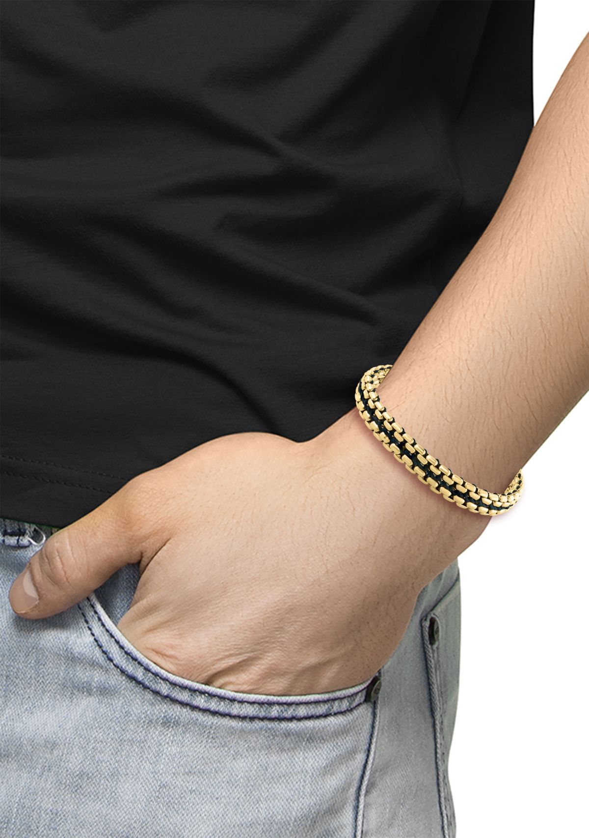 	  Sterling Sterling/Gold-Plated Black Cord 8.5" Mens Bracelet 