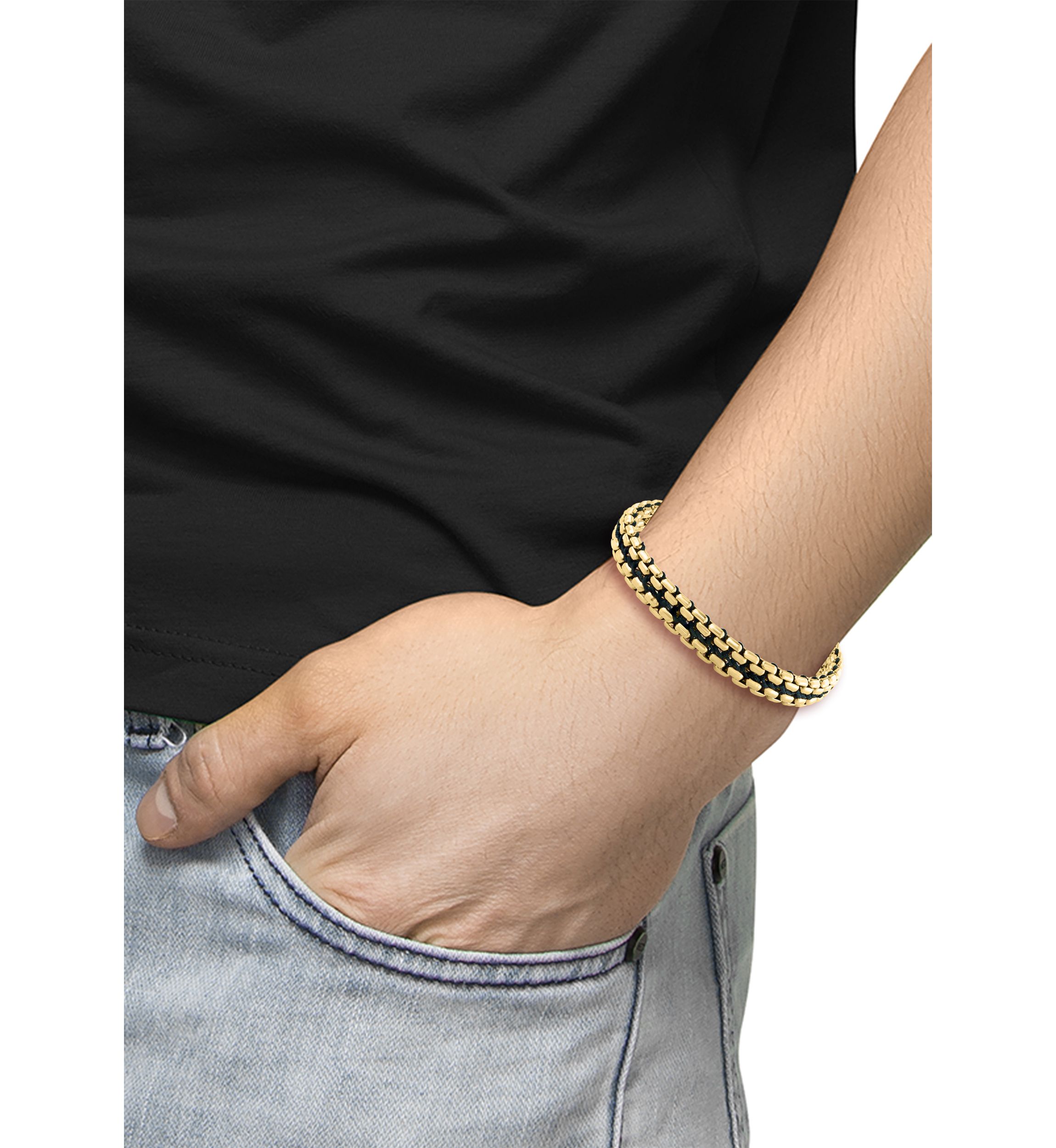 	  Sterling Sterling/Gold-Plated Black Cord 8.5" Mens Bracelet 