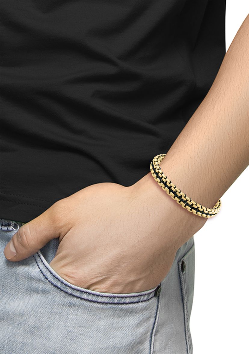 	  Sterling Sterling/Gold-Plated Black Cord 8.5" Mens Bracelet 