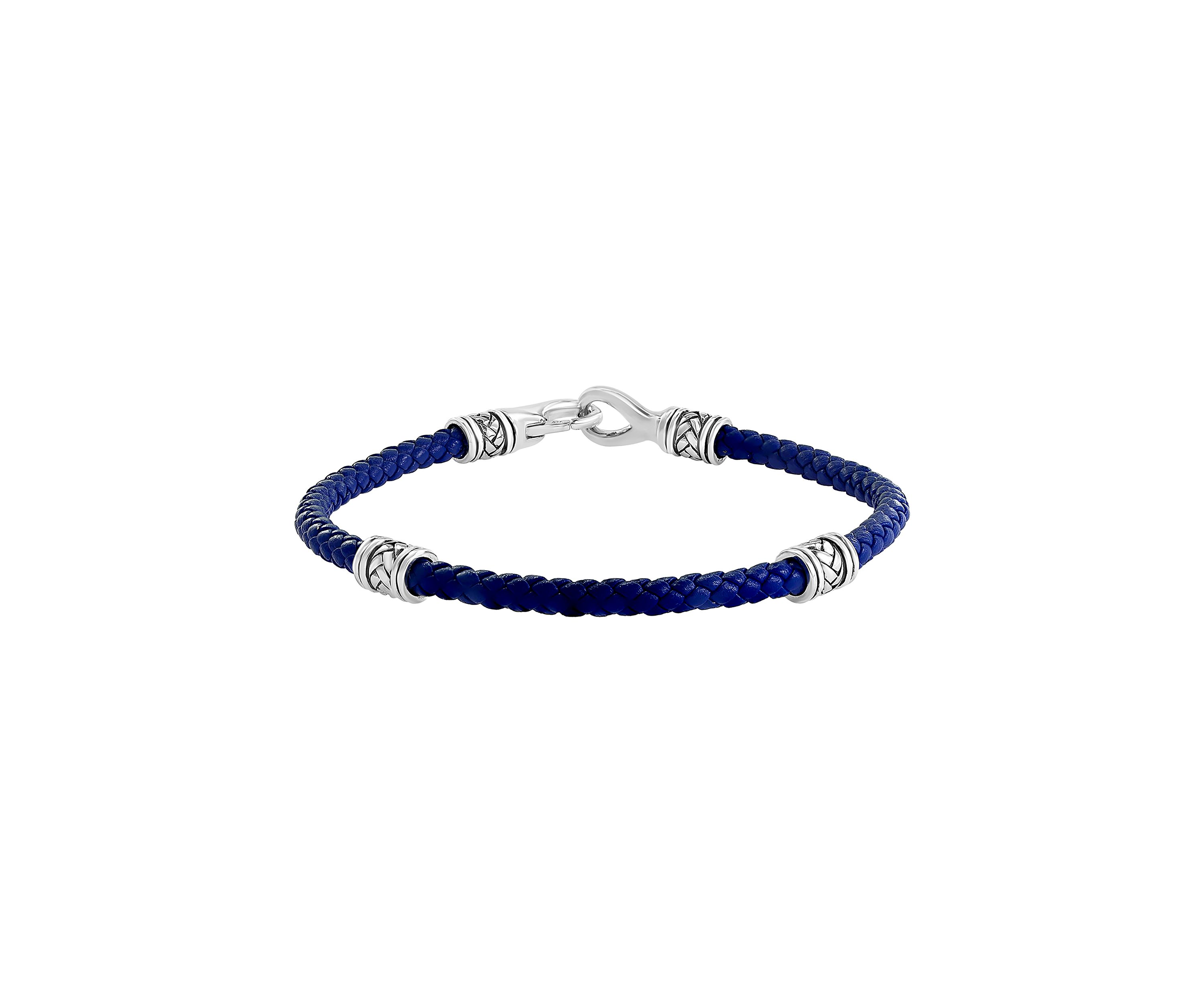 Mens Sterling Silver and Blue Leather Bracelet 