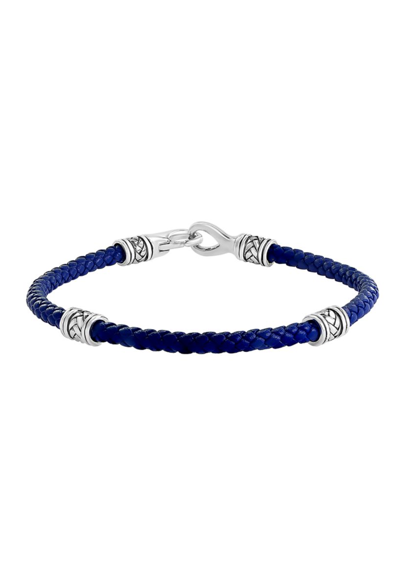 Mens Sterling Silver and Blue Leather Bracelet 