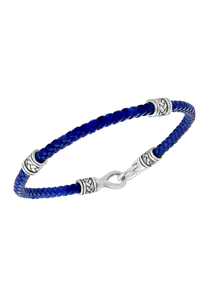 Mens Sterling Silver and Blue Leather Bracelet 