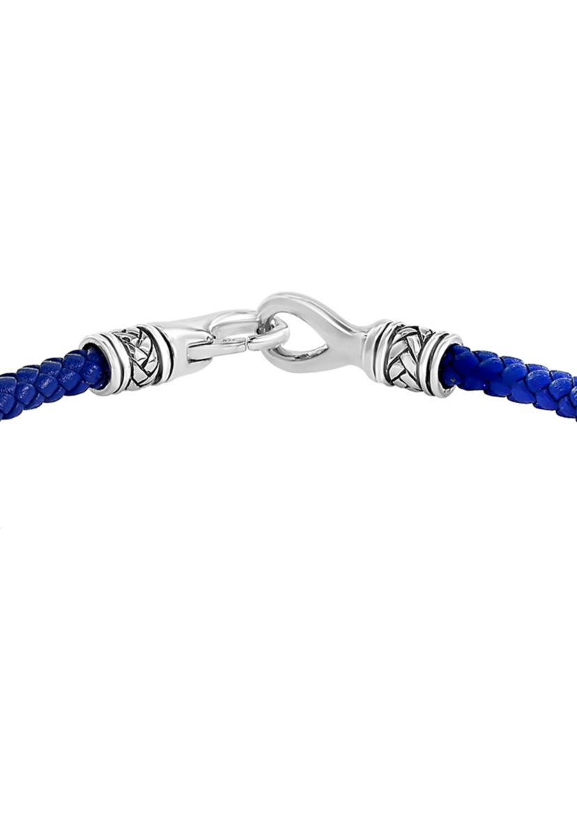 Mens Sterling Silver and Blue Leather Bracelet 