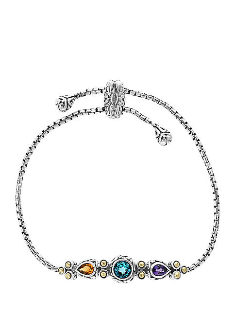 Amethyst, Blue Topaz, Citrine Adjustable Bracelet in Sterling Silver and 18k Yellow Gold