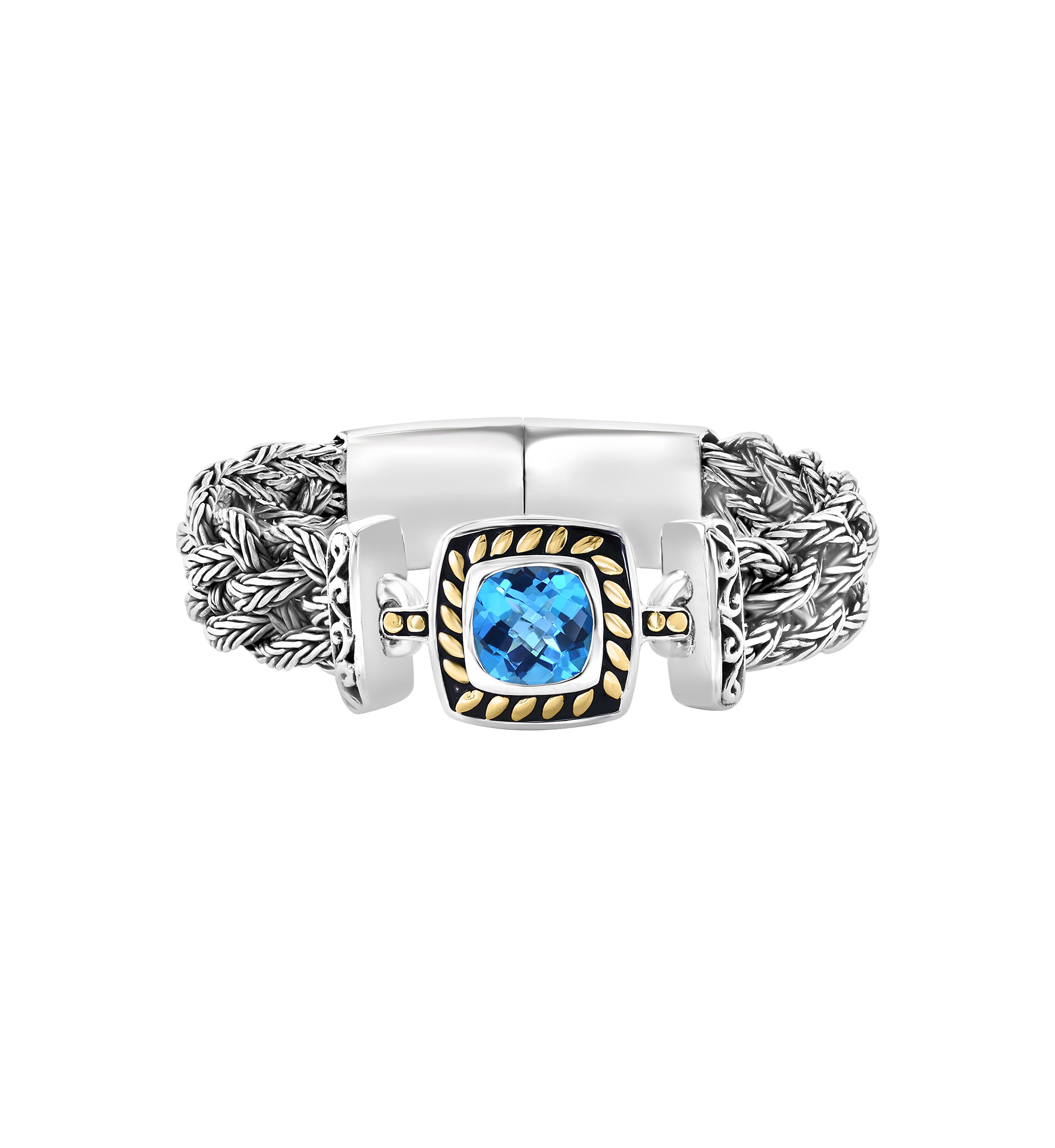 18K Yellow Gold and Sterling Silver Blue Topaz Braided Bracelet