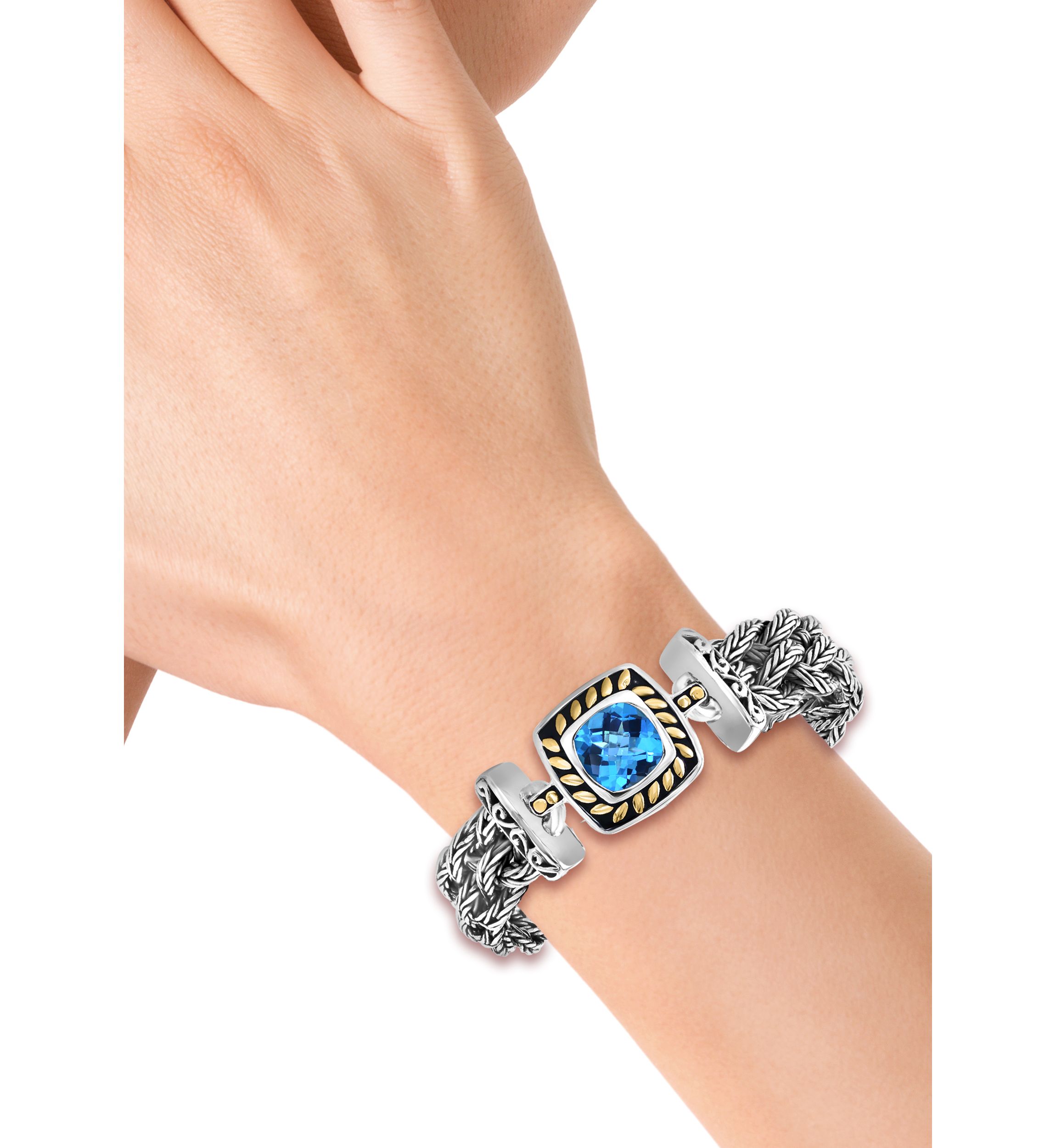 18K Yellow Gold and Sterling Silver Blue Topaz Braided Bracelet