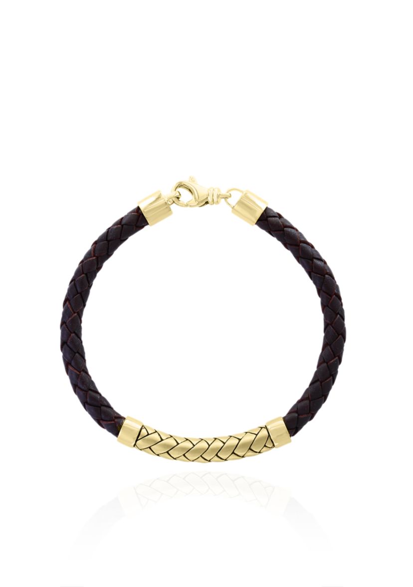 18K Yellow Gold Plating over Sterling Silver Leather Bracelet
