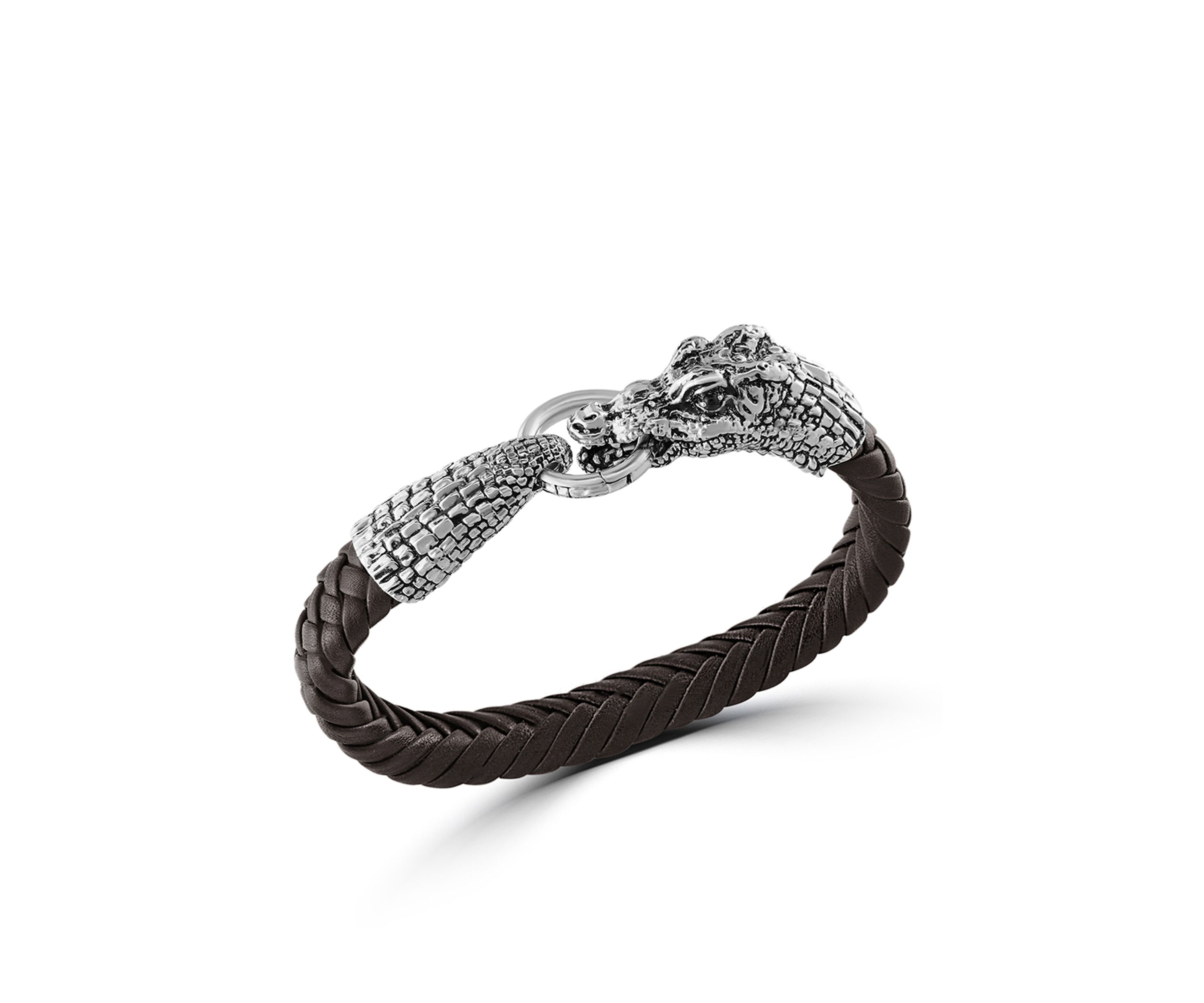 Sterling Silver Alligator Leather Strap With Onyx Eyes Bracelet