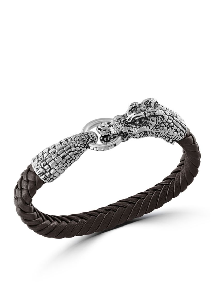 Sterling Silver Alligator Leather Strap With Onyx Eyes Bracelet