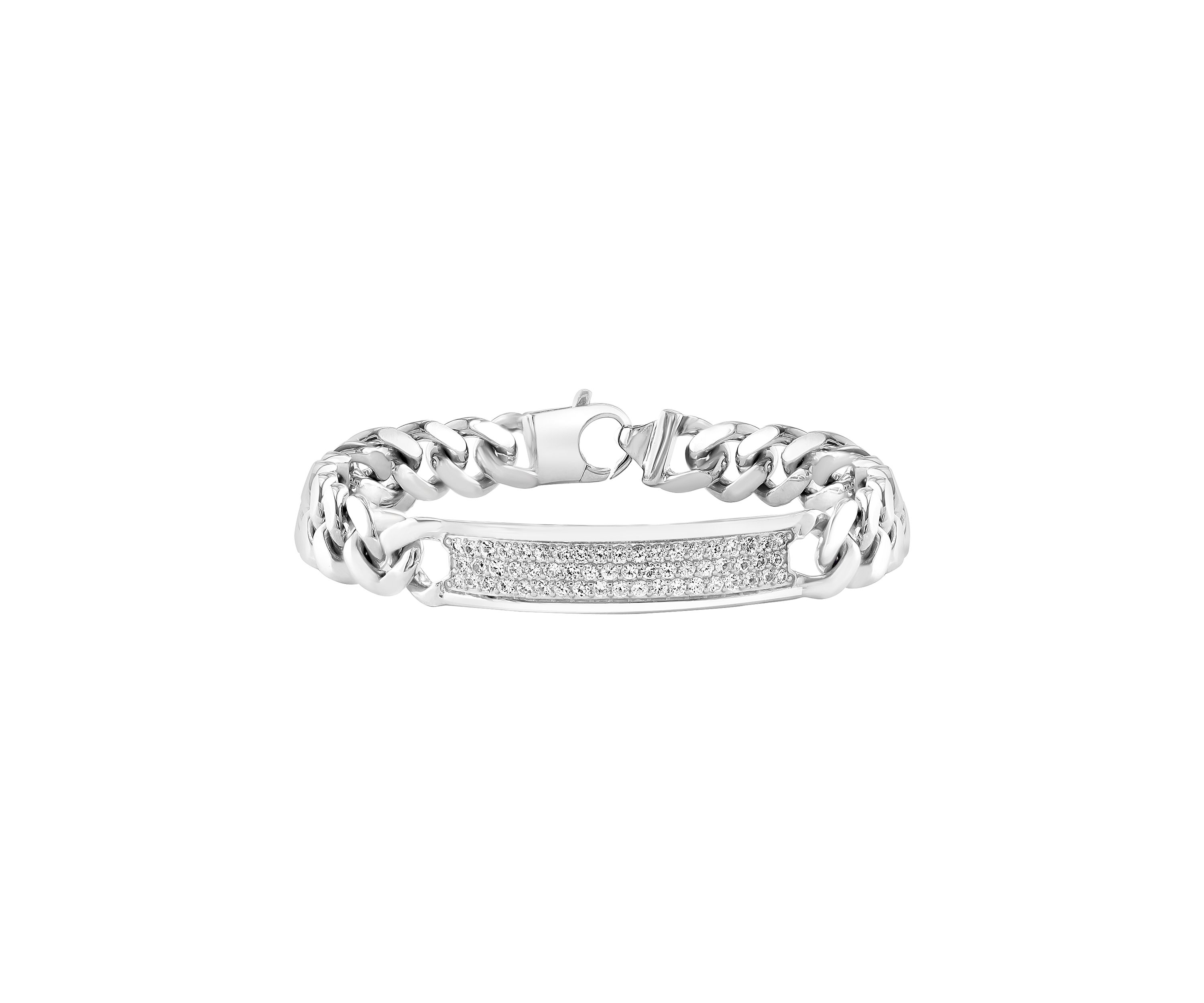Mens White Sapphire ID Bracelet in Sterling Silver