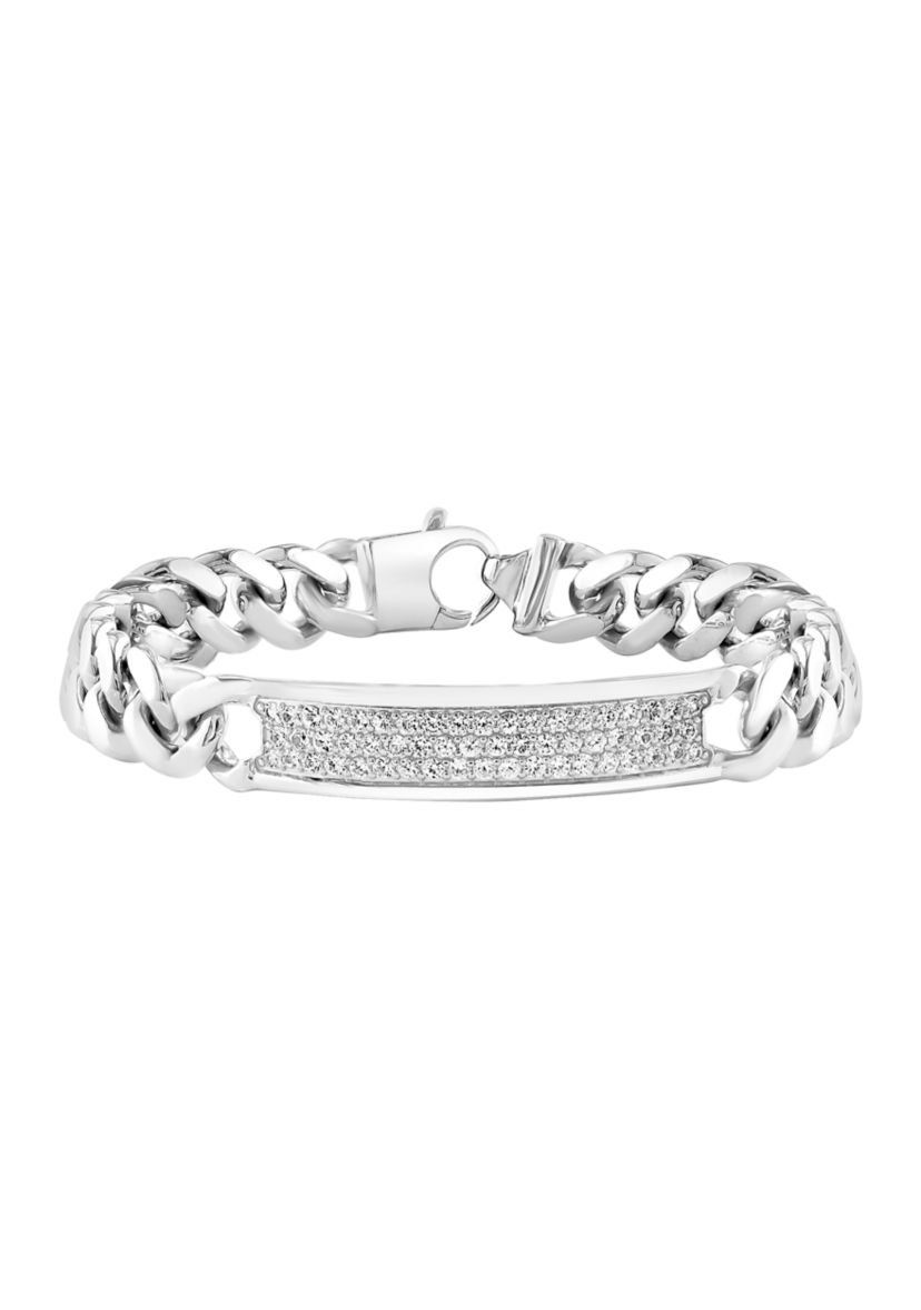Mens White Sapphire ID Bracelet in Sterling Silver
