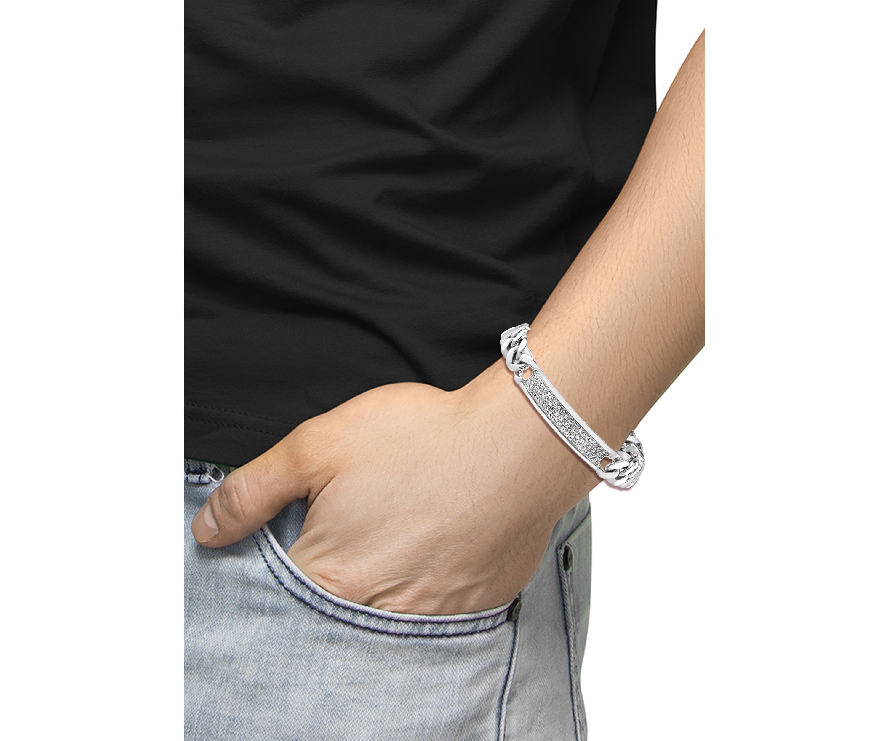 Mens White Sapphire ID Bracelet in Sterling Silver