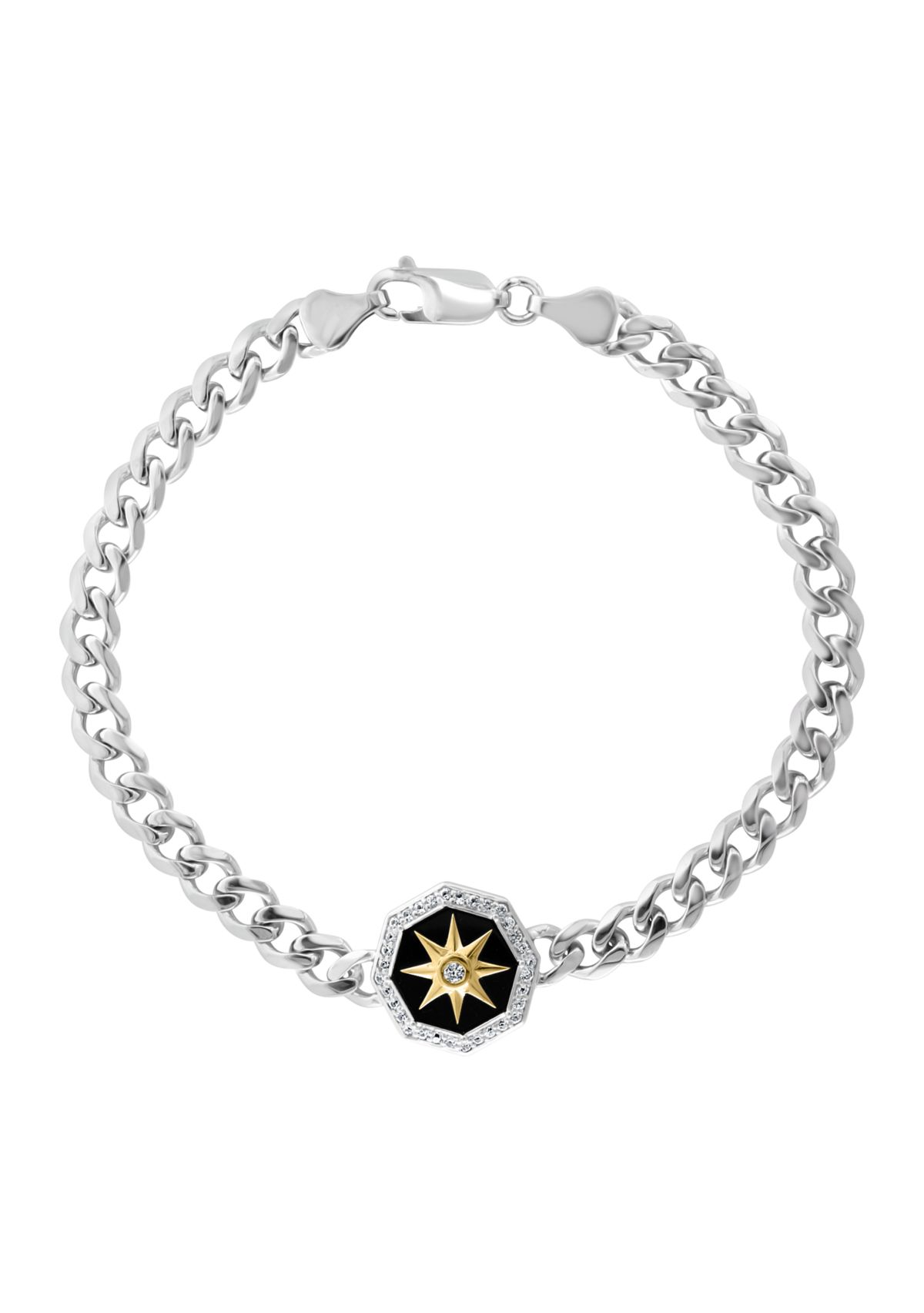 Mens White Sapphire and Onyx Compass Bracelet in Sterling Silver
