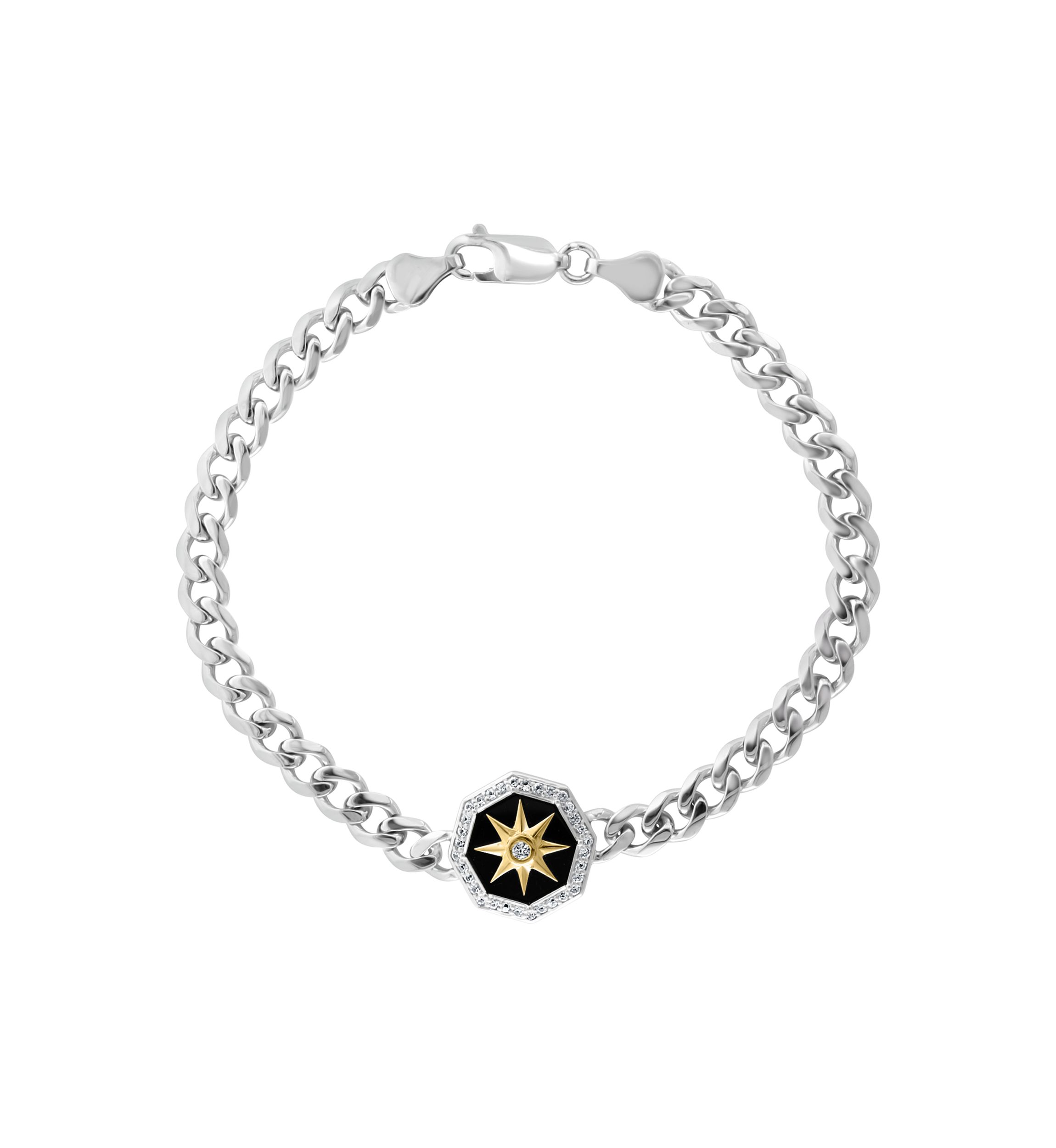Mens White Sapphire and Onyx Compass Bracelet in Sterling Silver