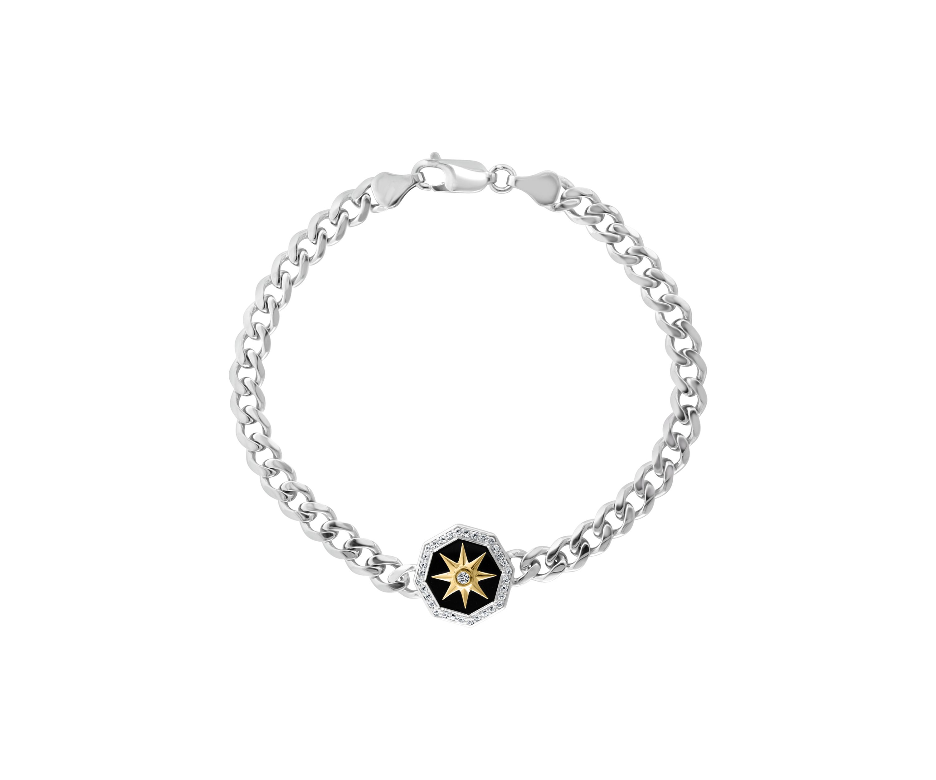 Mens White Sapphire and Onyx Compass Bracelet in Sterling Silver