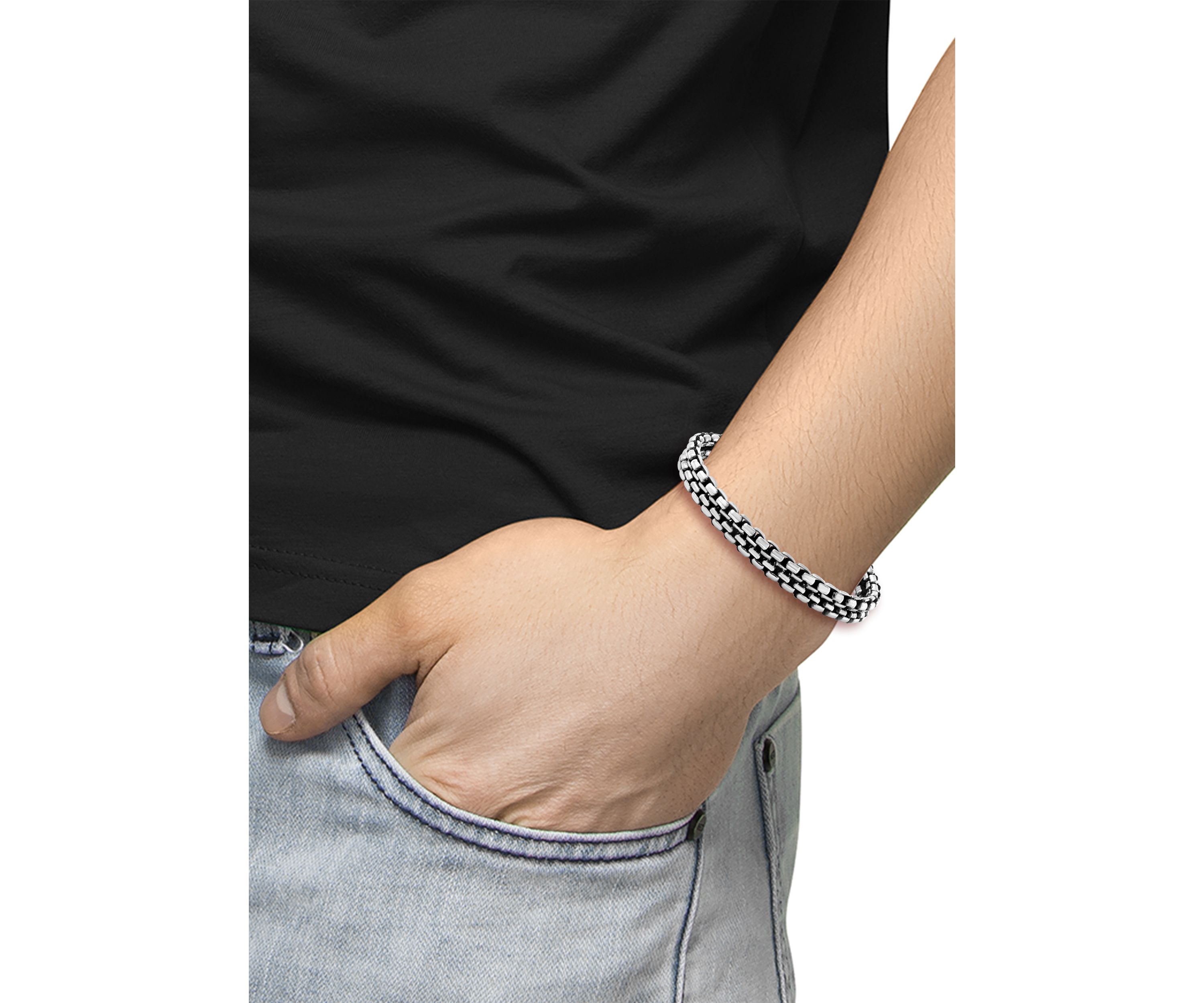  Sterling Silver and Black Cord 8.5" Mens Bracelet 