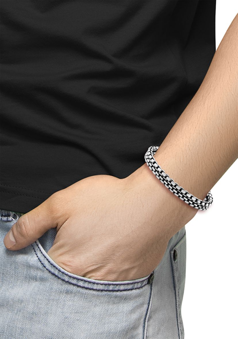  Sterling Silver and Black Cord 8.5" Mens Bracelet 