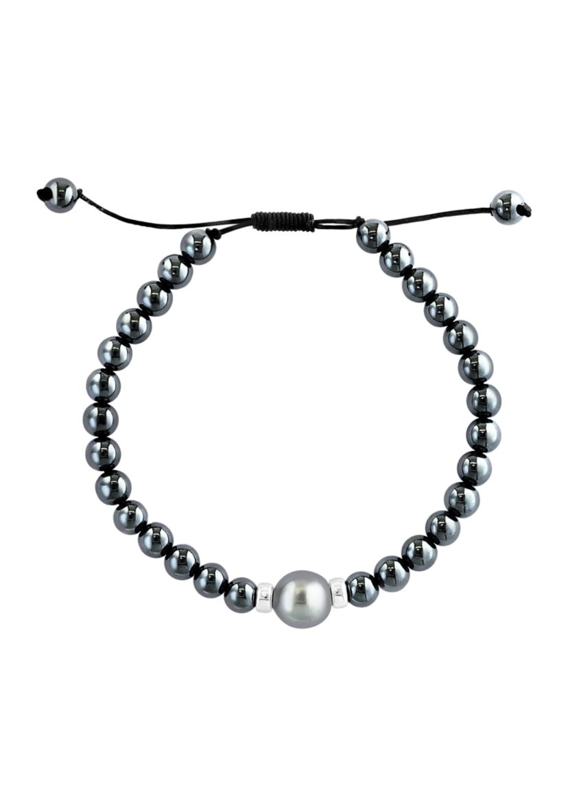 Sterling Silver Black/Tahitian Pearl, Hematite Adjustable Mens Bracelet
