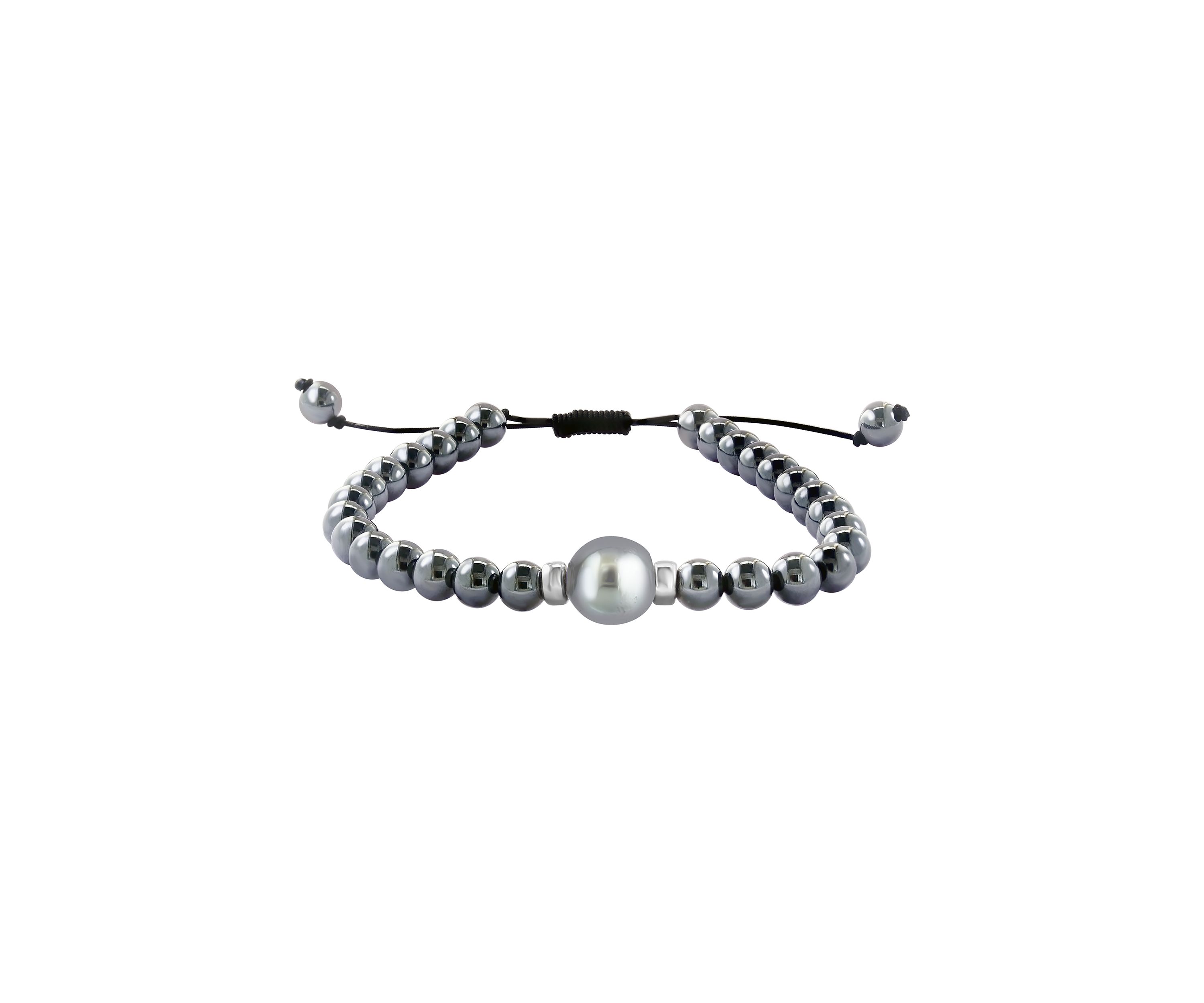 Sterling Silver Black/Tahitian Pearl, Hematite Adjustable Mens Bracelet