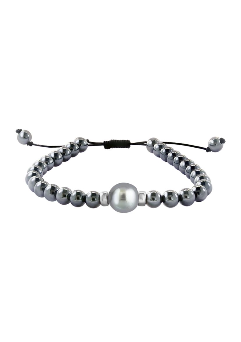 Sterling Silver Black/Tahitian Pearl, Hematite Adjustable Mens Bracelet
