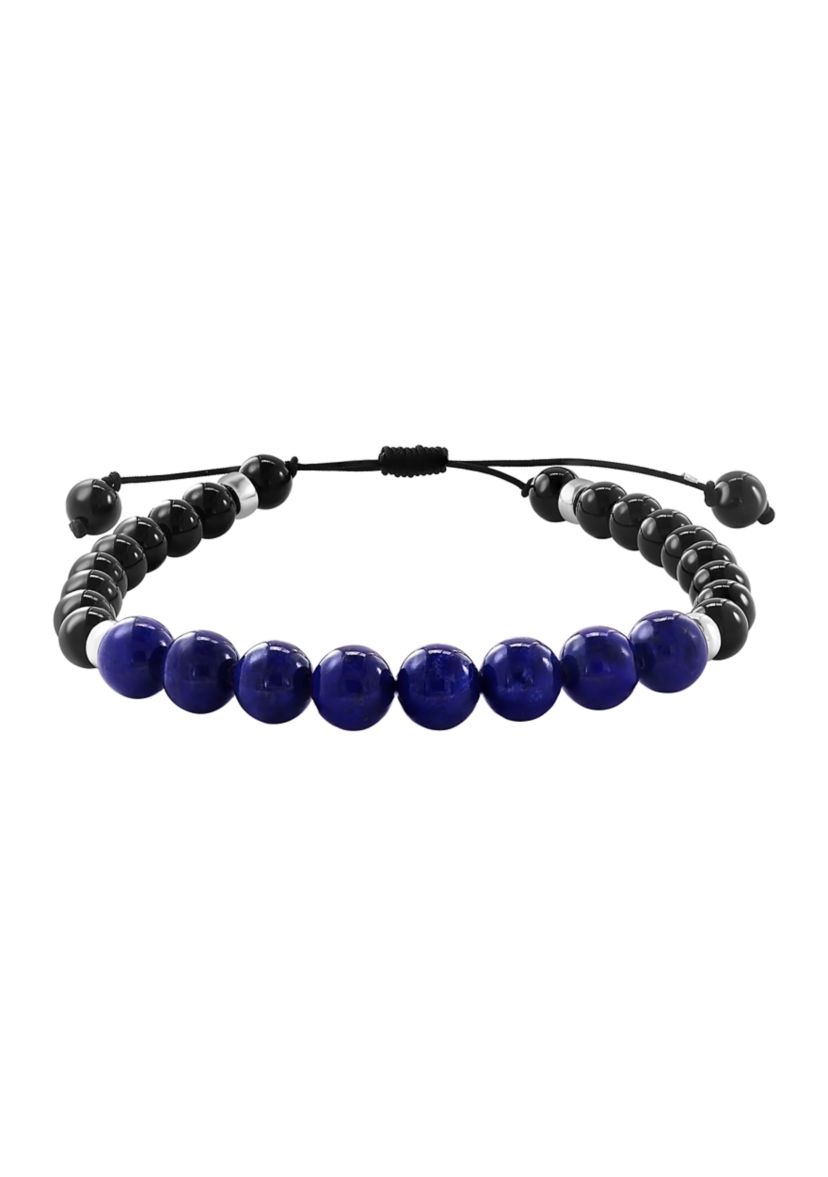 Sterling Silver Lapis Lazuli, Onyx Mens Adjustable Bracelet