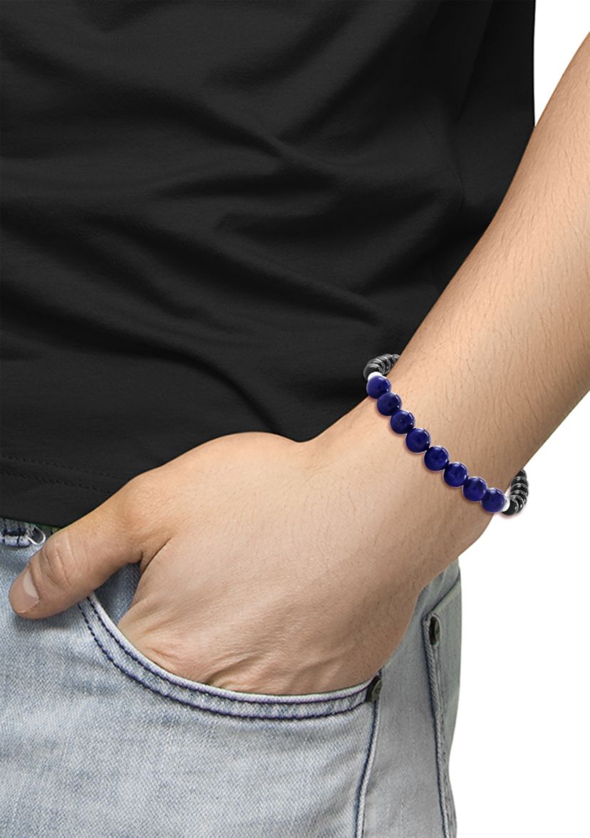 Sterling Silver Lapis Lazuli, Onyx Mens Adjustable Bracelet