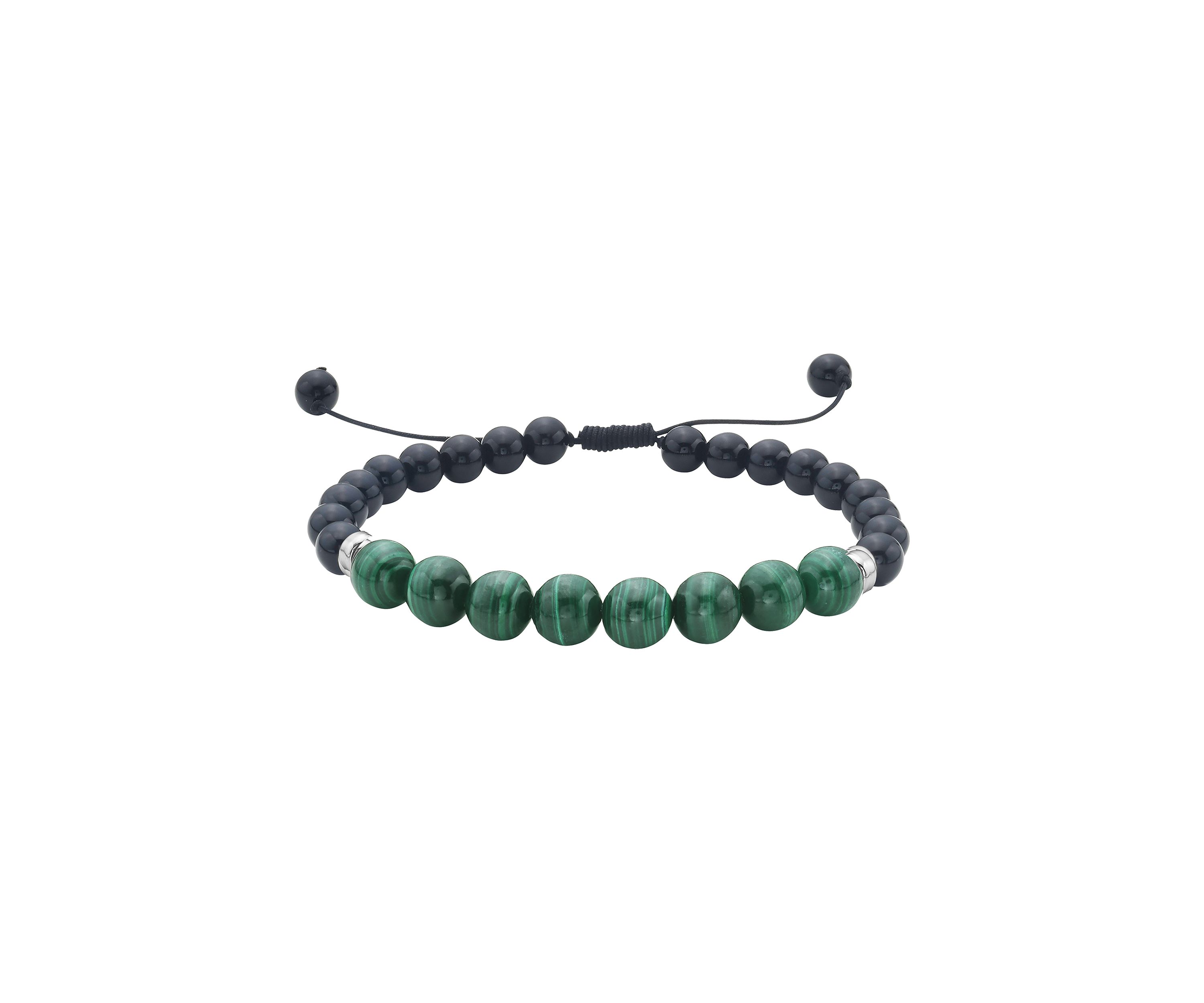 Sterling Silver Malachite, Onyx Mens Adjustable  Bracelet