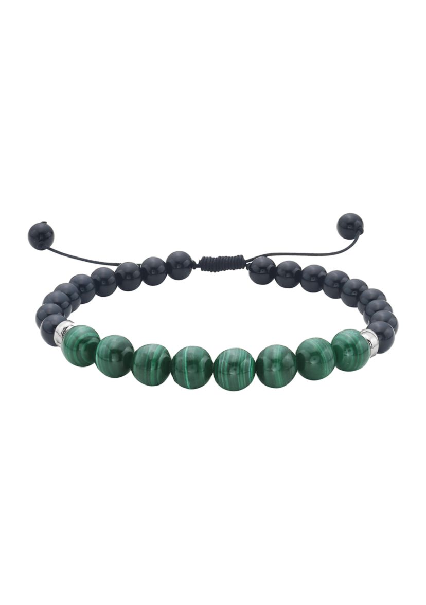 Sterling Silver Malachite, Onyx Mens Adjustable  Bracelet